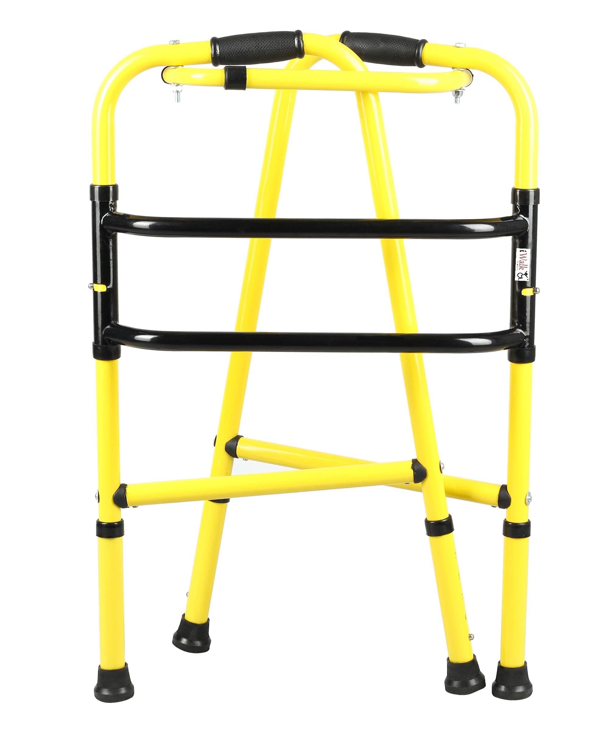iwalk; Changing Lives iWalk MS Height Adjustable & Double Bar Folding Walker for Adults, Senior Citizens and Injured | Heavy Duty | Made in India (Yellow)