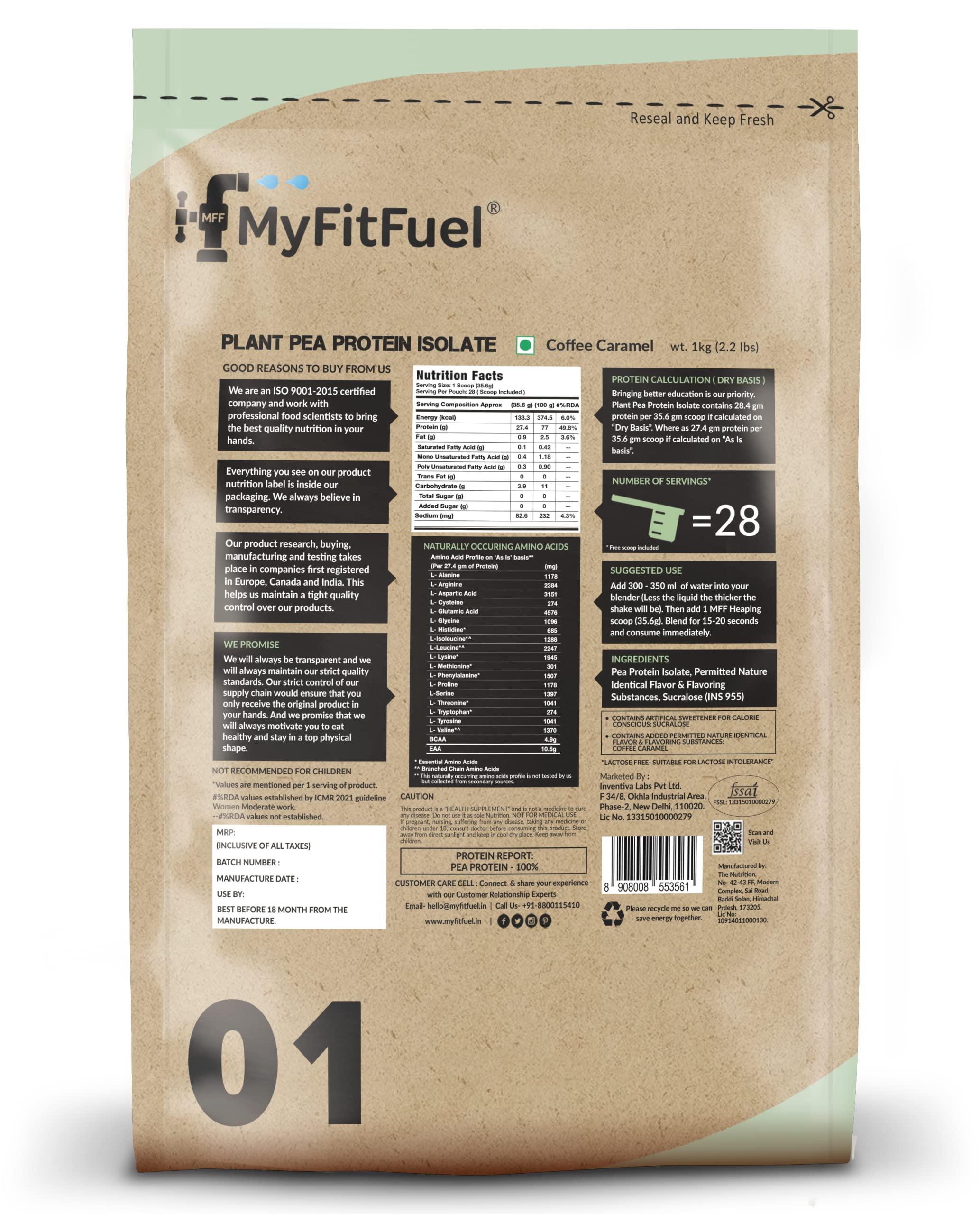 MyFitFuel MyFitFuel Clean Plant Pea Protein Isolate (27.4g Protein, 4.9g BCAA, 10.6g EAA) |Easy to Digest | Vegan Plant Protein Powder [1Kg, 28 Servings, (Coffee Caramel)]