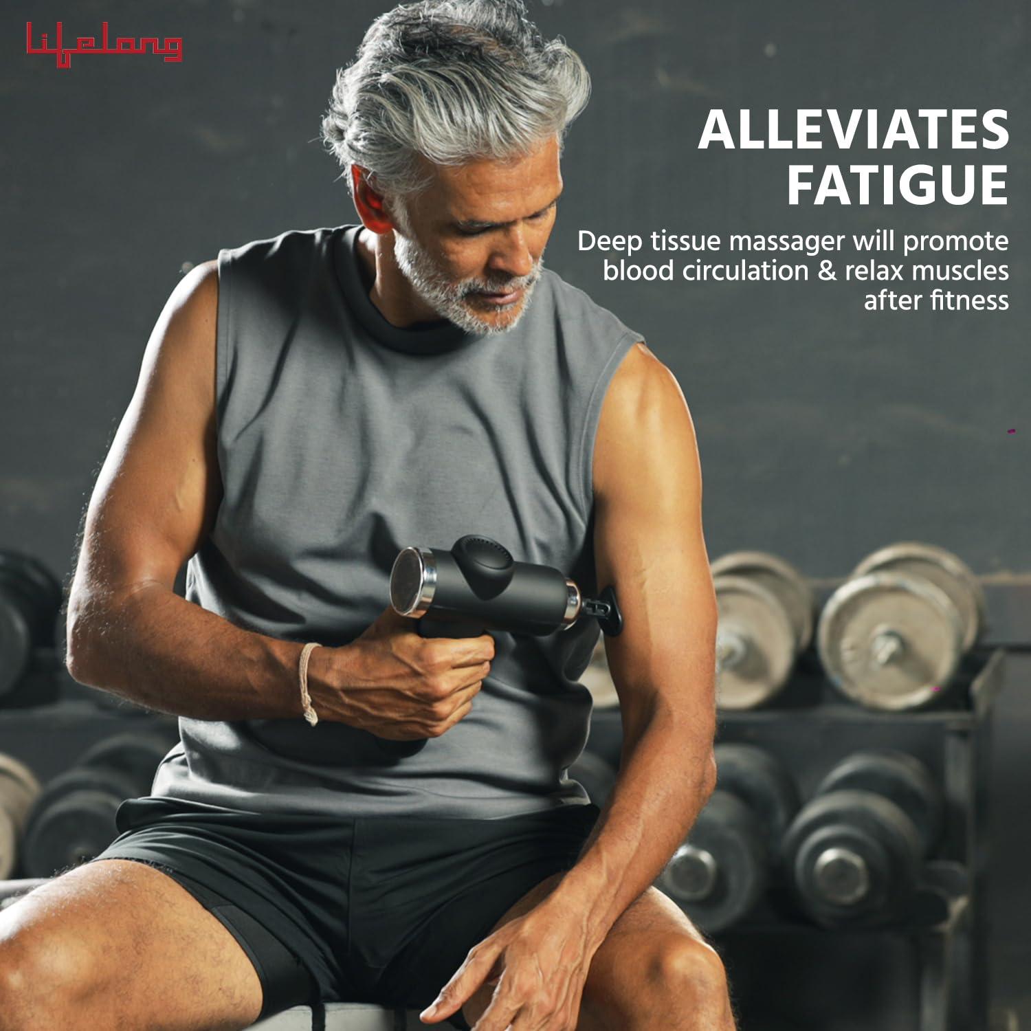 Lifelong Lifelong Gun Massager for Pain Relief with 8 Massage Heads & LCD Touch Display - Battery Powered - Deep Tissue Massage with 6 Speed Settings for Percussion Massage for Full Body (LLGM171, Black)