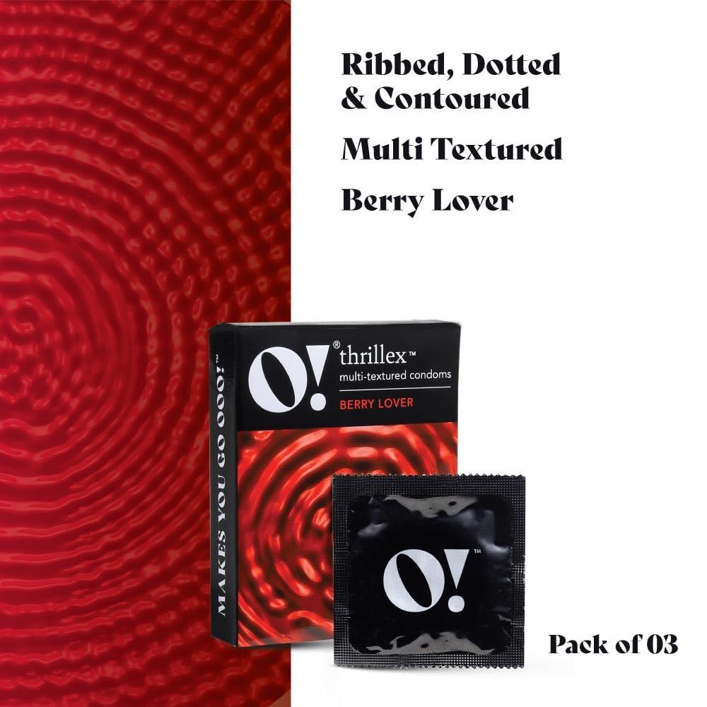 O! O! Thrillex Multi-Textured Flavored Condoms for Men | Dotted, Ribbed & Contoured Condom with Extra Lubrication | Combo of Berry Lover & Choco Lover (Pack of 2 x 3 Count Each Pack)