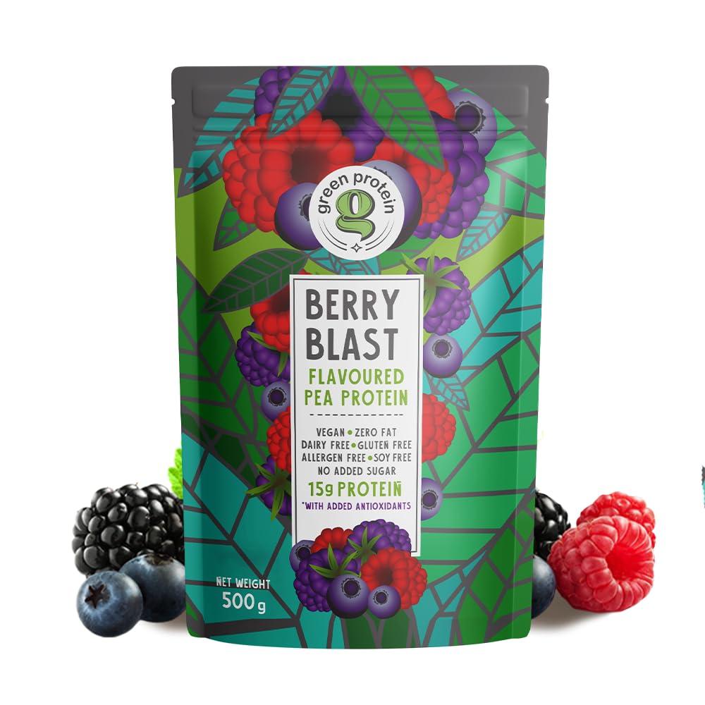 Green Protein GREEN PROTEIN Pea Protein Isolate Powder, Vegan Plant Protein, No Added Sugar, 100% Vegan, Soy Free, Dairy Free, Gluten Free, Allergen Free, Berry Blast Flavor, 15g Protein Per Serving, Pouch (500g)