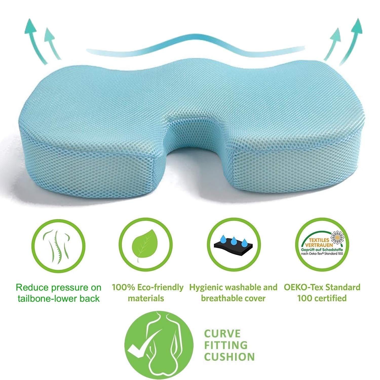 Grin Health Grin Health High Density Coccyx Seat Cushion for Tailbone, Sciatica, Hip Lower Back Pain Relief, Orthopedic Memory Foam Chair Cushions for Long Sitting for Office/Home Chair (Light Blue)