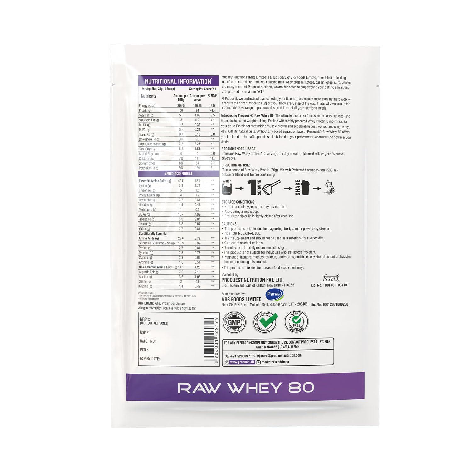 PRO QUEST ProQuest Raw Whey Protein Concentrate (Unflavoured, 30g / Single Serving Sachet) | 24g Protein Per Scoop | 4.9g BCAA & 12.1g EAA | Lab Tested & Easily Digestive | Faster Muscle Support & Recovery