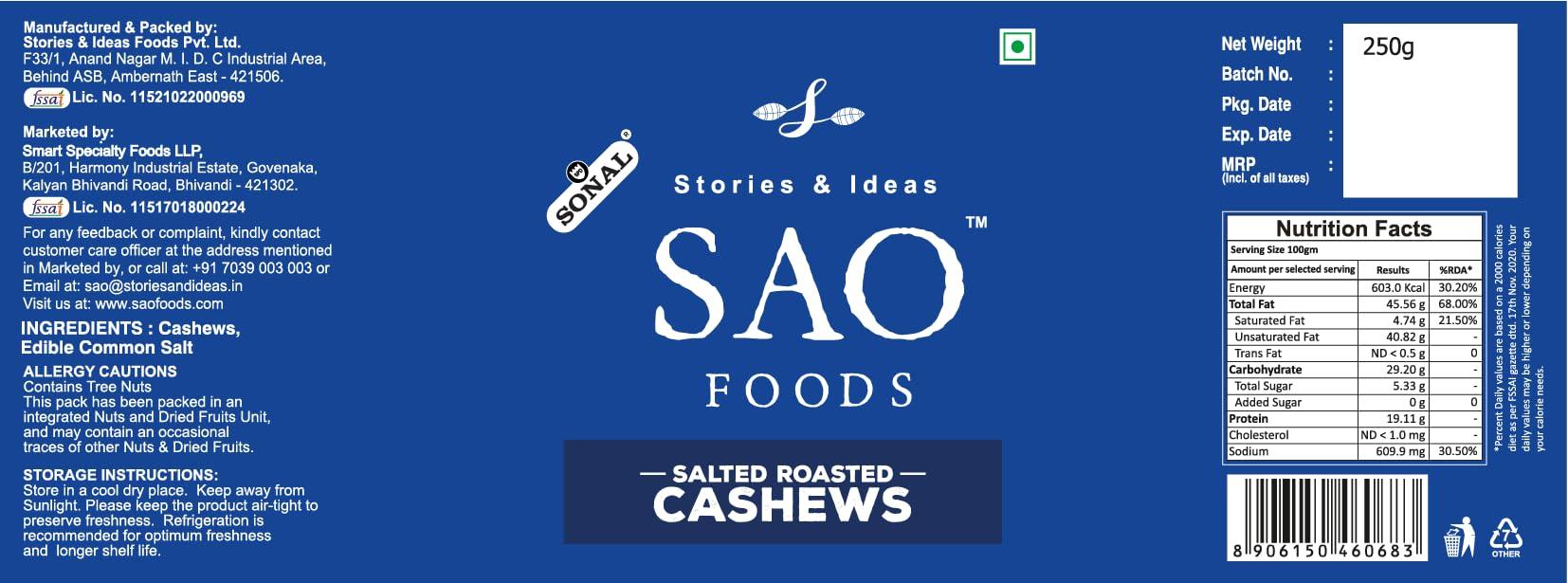 Stories & Ideas SAO Foods Sao Foods Freshly Roasted & Salted Cashews PET Jar 250 gm, Nutrient-Rich, Healthy Snack, Handpicked Cashews, Wholesome and Satisfyingly Crunchy, Gluten-free cashews, Healthy Dry Fruits, High Protein & Fiber, Perfect for Snacking