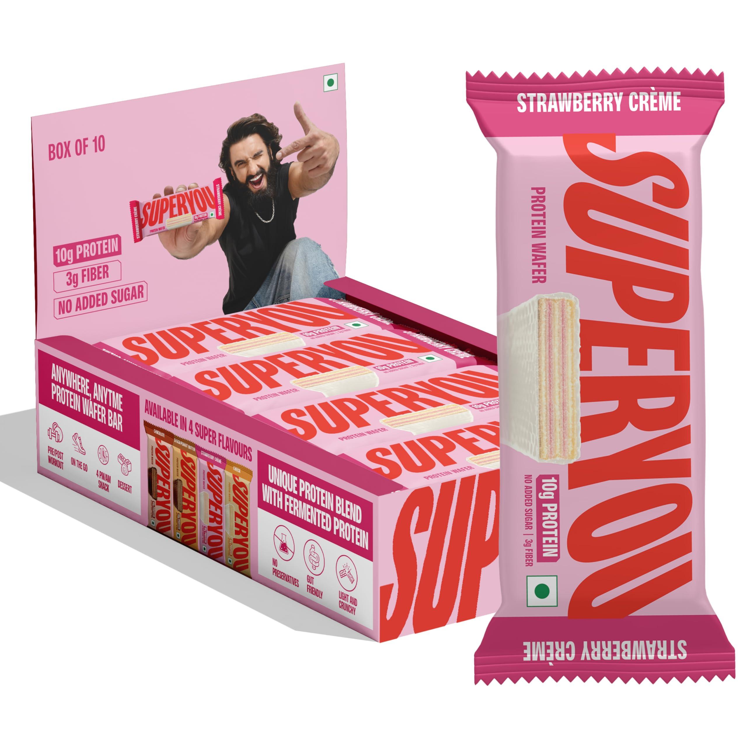 Superyou SuperYou Strawberry Protein Wafer Bars (Pack of 10)|10g Protein, 3g Fiber, No Added Sugar|Yeast Fermented Protein|Energy Bars|Crunchy Wafer Bar|100% Vegetarian|No Palm Oil|400g