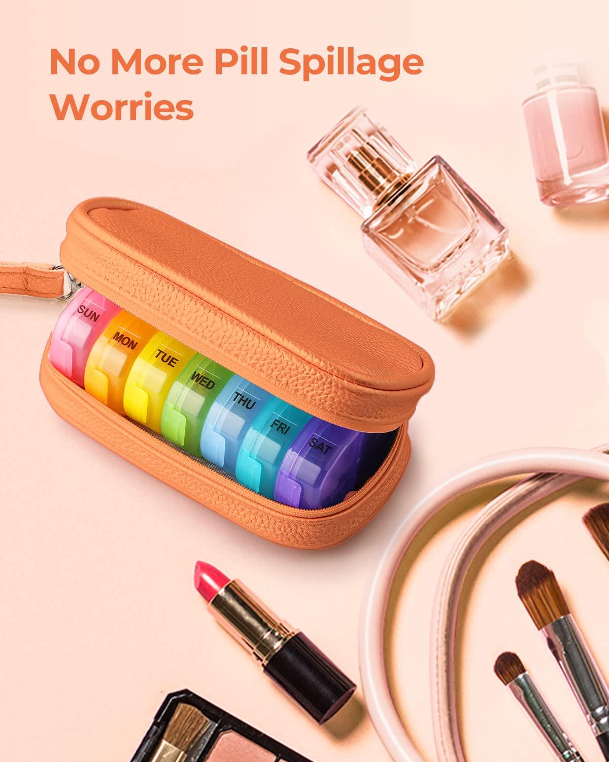 AMOOS Amoos Cute Pill Organizer 2 Times a Day, PU Leather Pill Case for Women, Orange