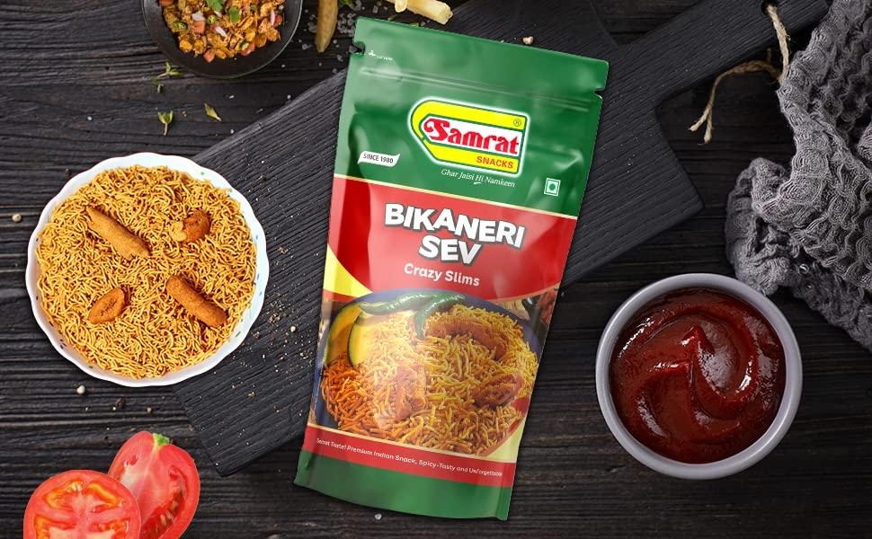 SAMRAT SAMRAT| BIKANERI SEV Crazy Slims Tangy & Crispy Taste Namkeen|Ghar Jaisi Hi Namkeen|Healthy Snacks|Every Day Fresh Indian Snacks |Traditional Indian Snacks| (400G)
