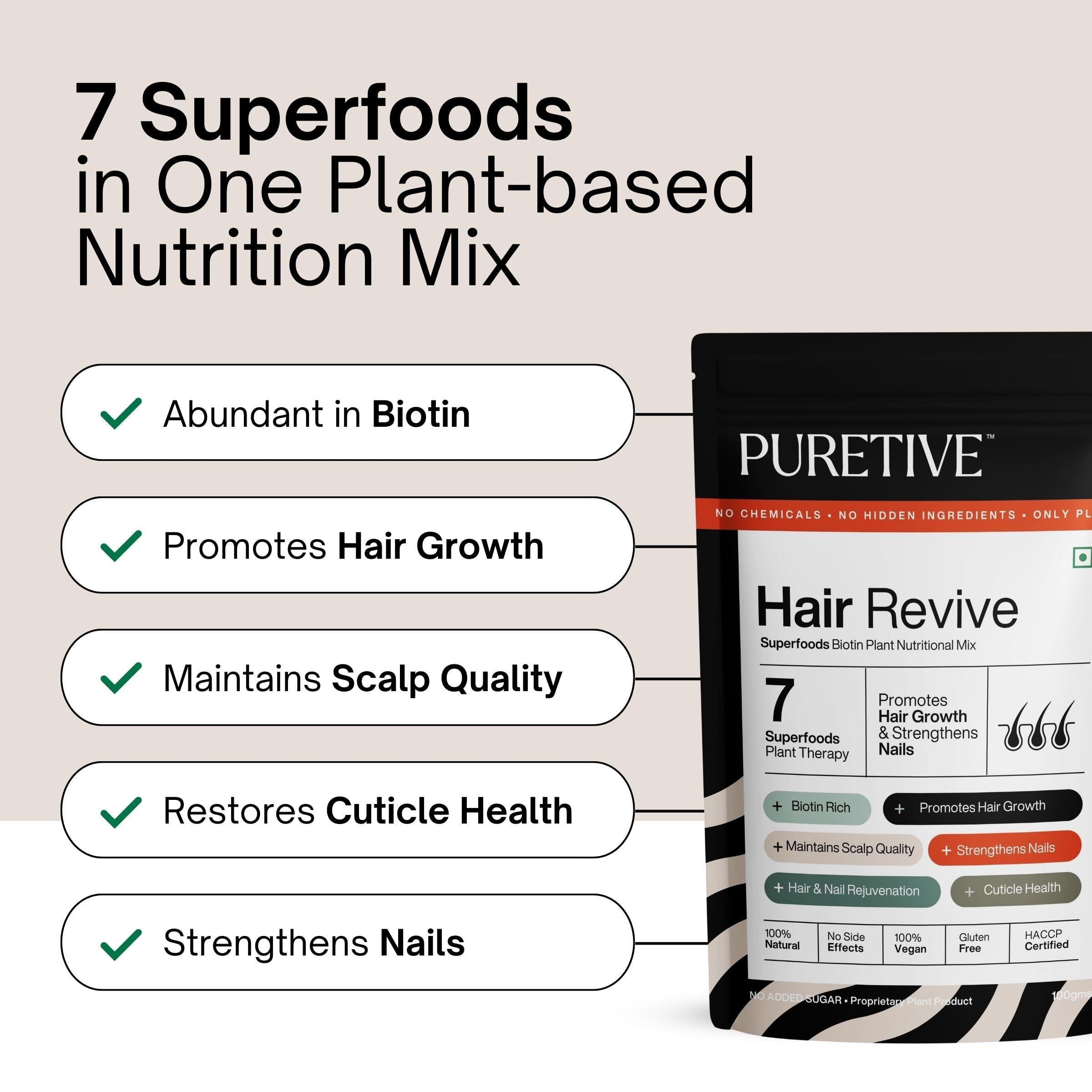 Puretive Puretive Hair Revive | Plant Based Biotin Powder | Promotes Healthy Hair and Fights Hair Fall | Promotes Hair Growth - 100% PURE, Non-GMO, Vegan | Superfood for Everday use | Just Mix & Sip | 100gms