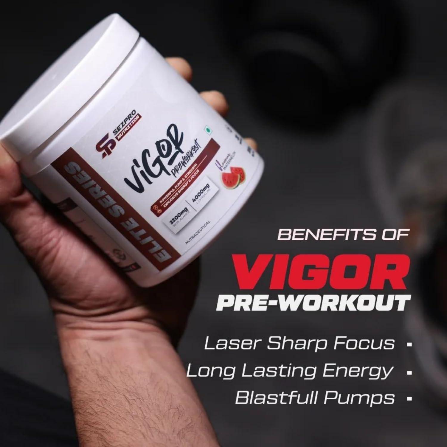 Sezpro Nutrition Sezpro Nutrition Vigor Pre Workout | 300gm | 30 Servings | 300mg Caffeine | 200mg Theanine | 3200mg Beta Alanine | 4000mg Citrulline | Powerful Pump & Strength | Explosive Energy & Focus (Watermelon)