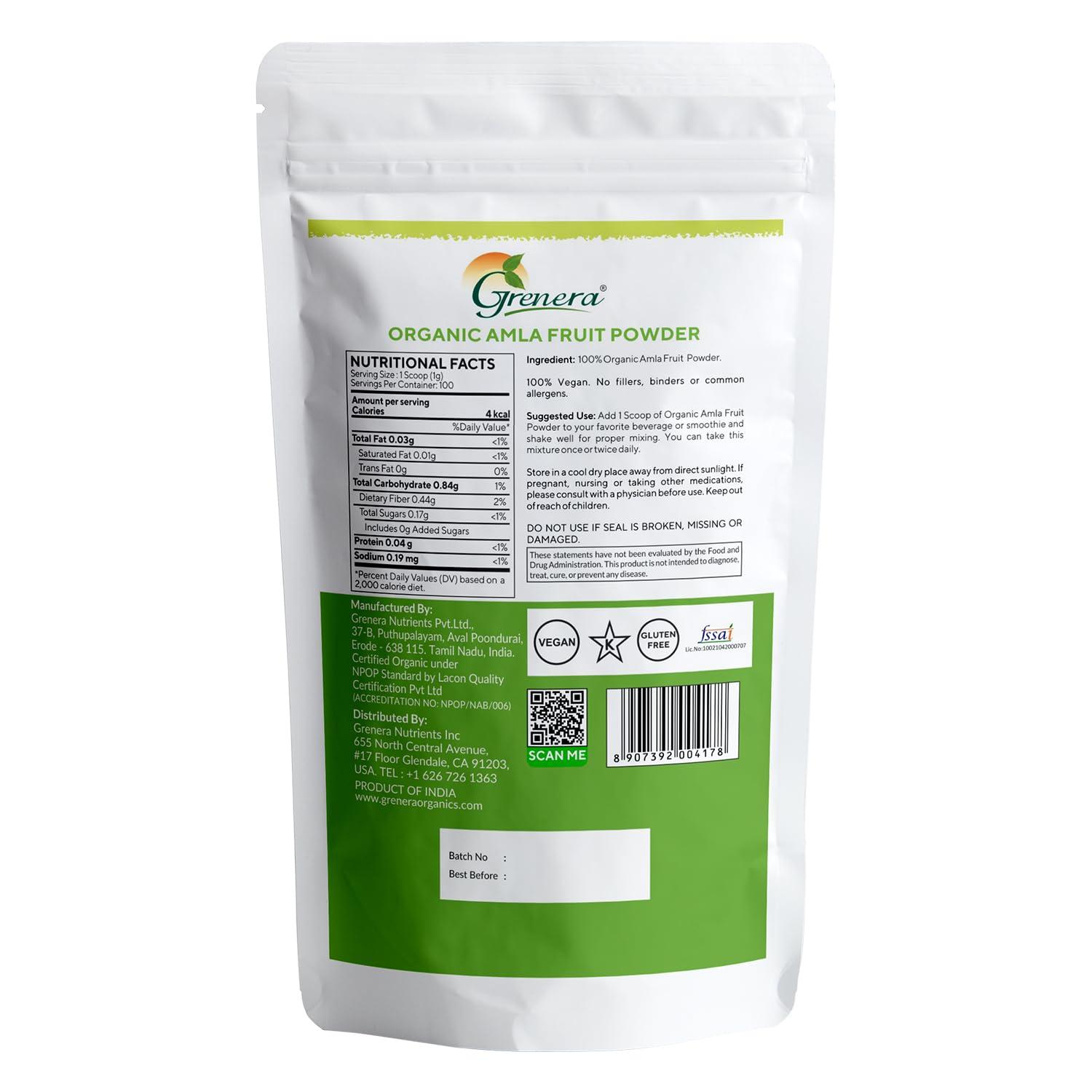 GRENERA Grenera Organic Amla Fruit Powder 100 grams for Multi purpose use. Indian Gooseberries for drinking and eating, no added preservatives