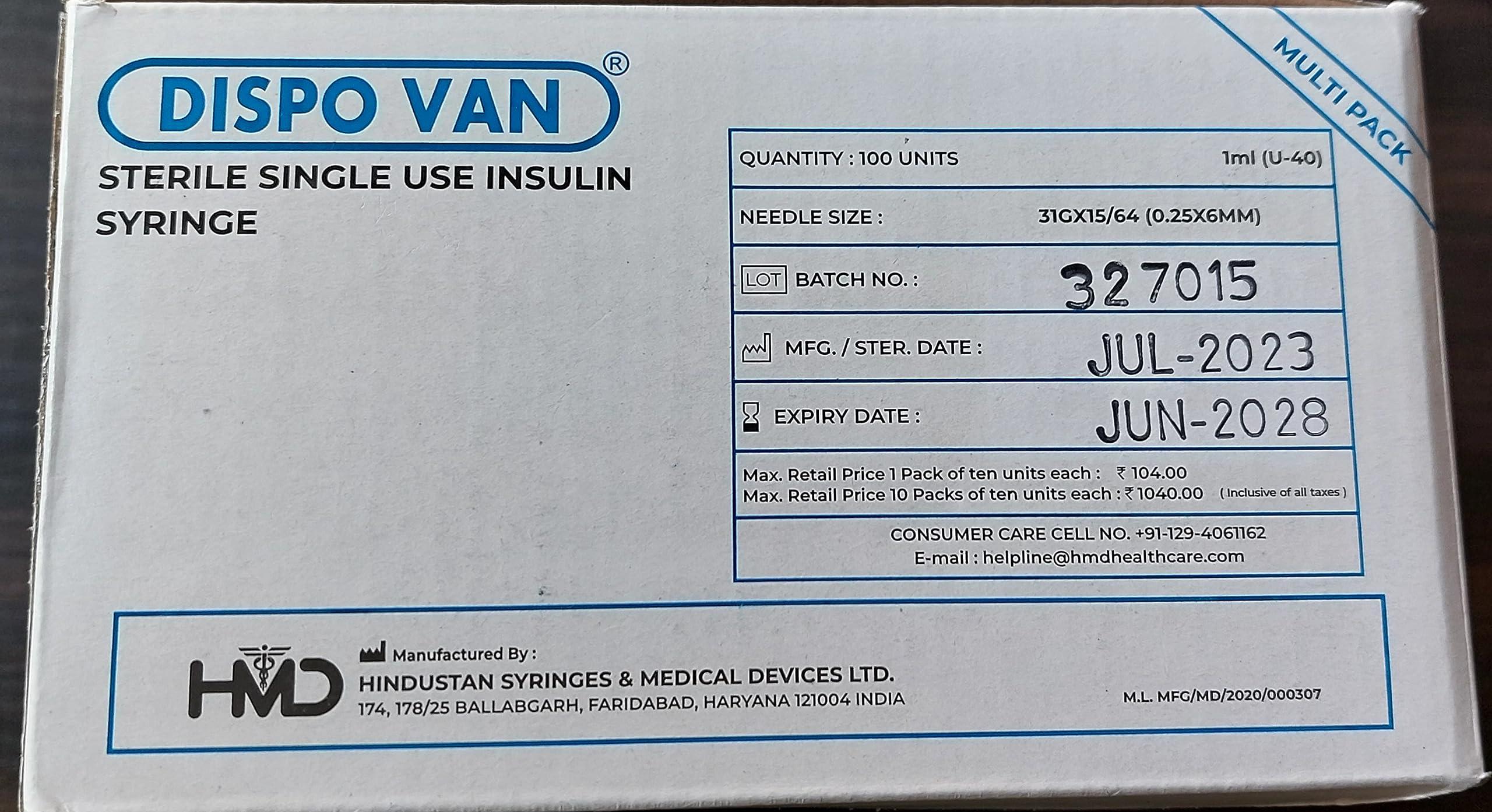 Hindustan Syringes & Medical Devices Ltd Dispovan Single use (disposable) insulin syringes 31G 1ml 0.25x60 (Pack of 100) -(B-Arm)