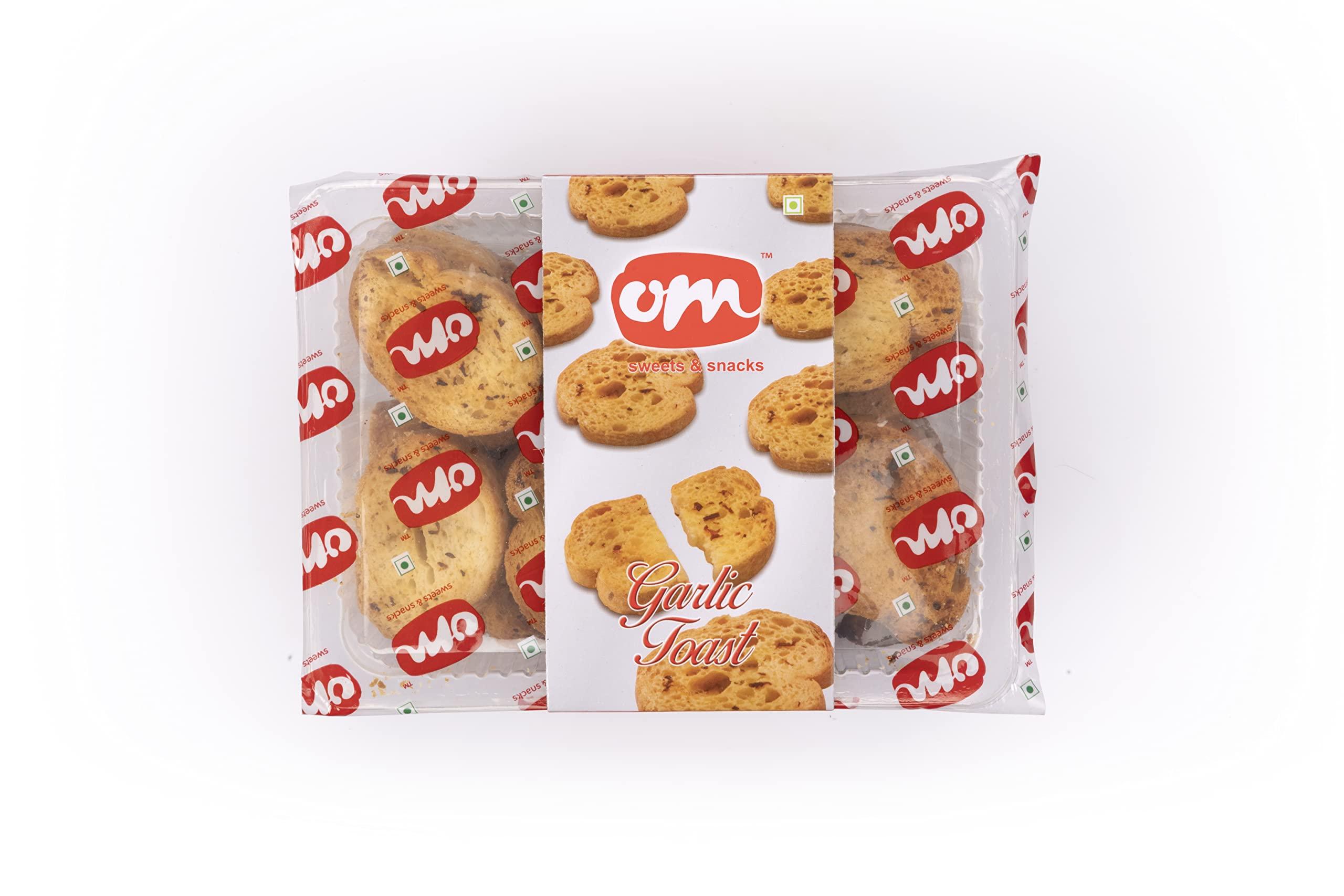 OM SWEETS & SNACKS Om Sweets & Snacks Cookies Garlic Toast 170gm | No added colour or preservatives | Fresh Products | Ready to eat | snack | Tea time snacks | Mid day snacks | Tasty (Garlic Toast) | 170gm each | Pack of 4