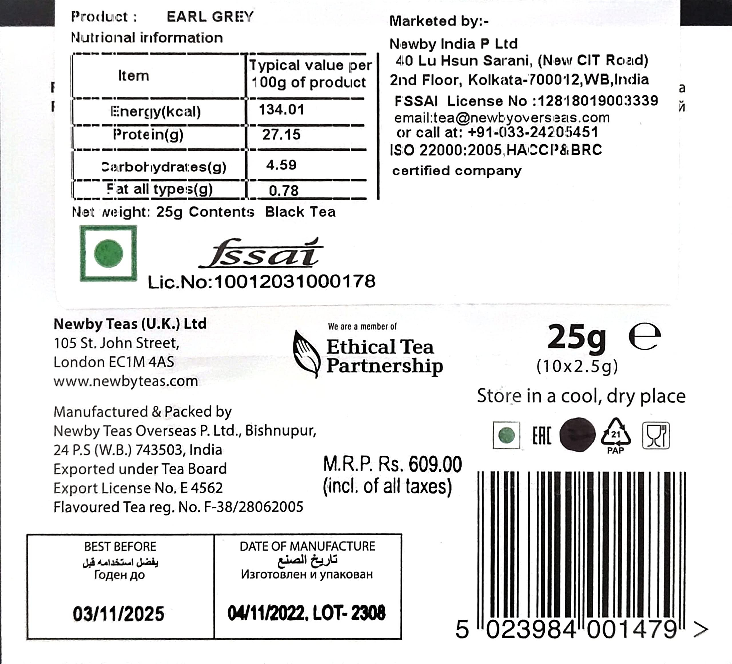 Newby Newby Earl Grey Black Tea Silken Pyramids, Pack of 10 Herbal Tea Bags, Premium Tea Leaves Blended with 100% Natural Oil of Bergamot (25g)