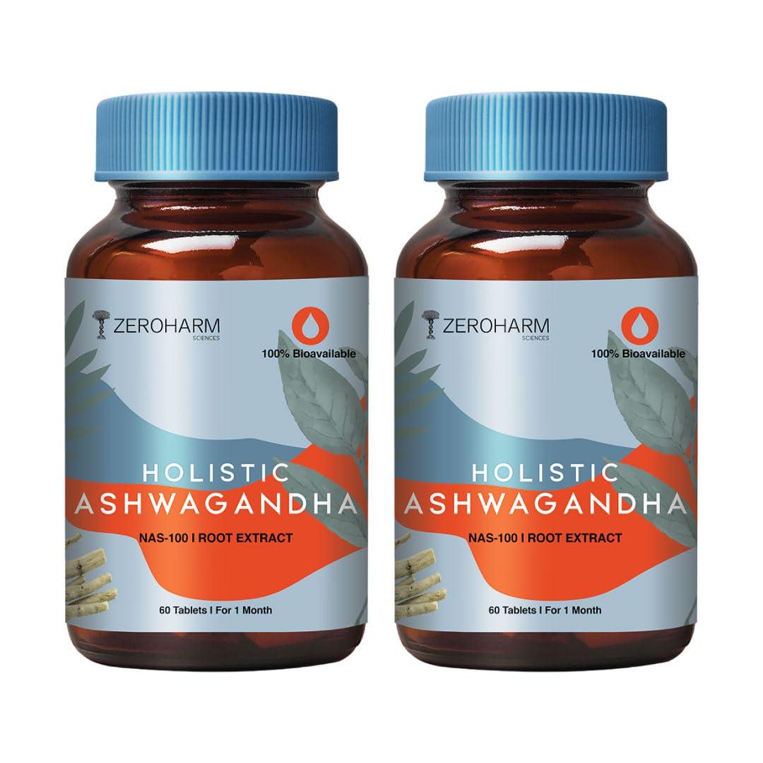 Holo ZEROHARM Holistic Ashwagandha Tablets | Organic Herbal Supplement | Ashwagandha Root Extract | Supports Stress Relief, Energy & Mental Wellness | Nano-Enhanced Formula | 60 Veg Tablets - 2 Pack