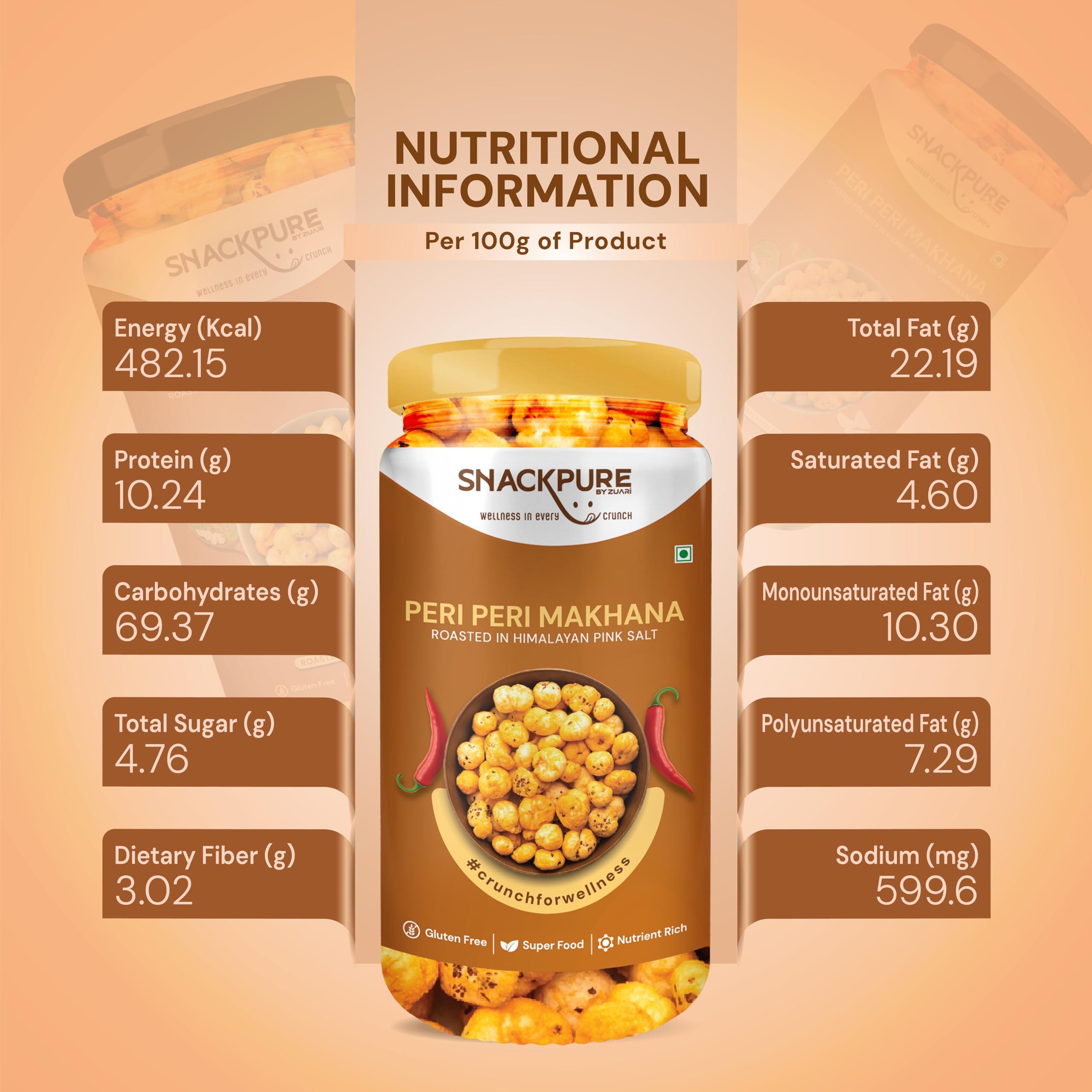 SNACKPURE BY ZUARI wellness in every crunch Snackpure Peri Peri Roasted Makhana | Healthy Puffed Snack | Gluten-Free Superfood | Nutrient-Rich Foxnut, Trans-Fat-Free, Delicious, and Nutritious Snack | 150g (Pack of 2, 75g Each)