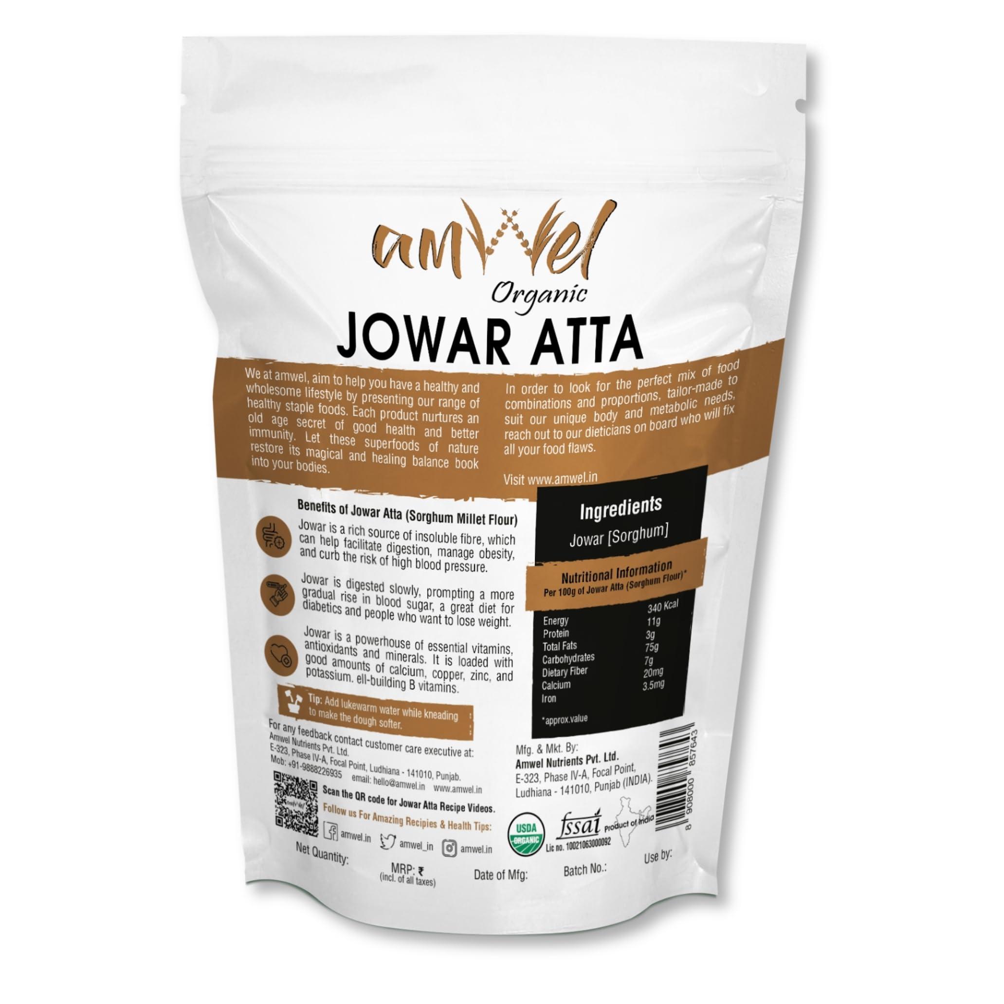 Amwel Amwel Combo of Bajra Atta 450g + Jowar Atta 450g | Pearl Millet Flour + Sorghum Flour | Gluten Free Diabetic Friendly Low GI Atta for Chapati | Helps manage weight 900g | Vacuum Packed