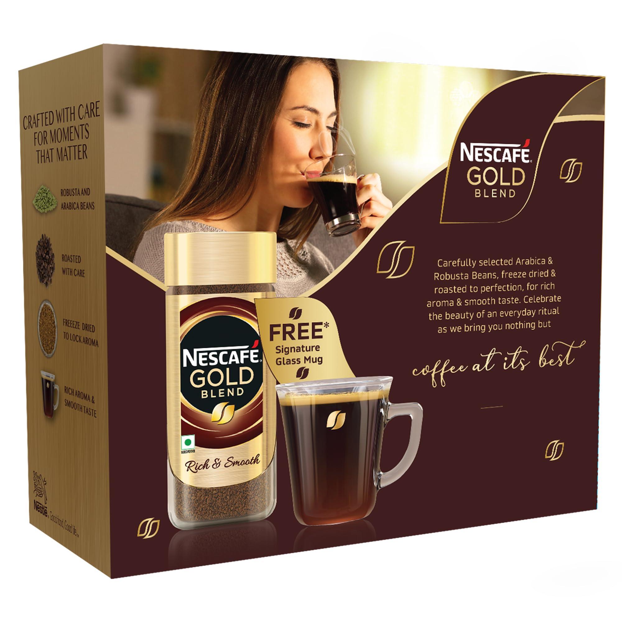 Nescafe NESCAFE Gold Instant Coffee Powder | Coffee at its best | Freeze Dried | Premium Imported Coffee | Rich & Smooth Taste | Free Signature Glass Coffee Mug | 185g Jar