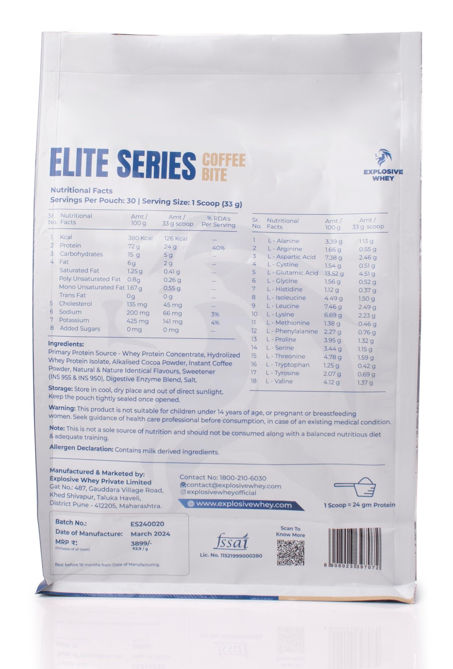 EXPLOSIVE WHEY Explosive Whey Elite Series Whey Protein - Trusted by M.S. Dhoni and Kedar Jadhav | Premium, Concentrate Sport Supplements for Enhanced Muscle Growth and Recovery (15 Servings - 500GM, COFFEE BITE 24g Protein)