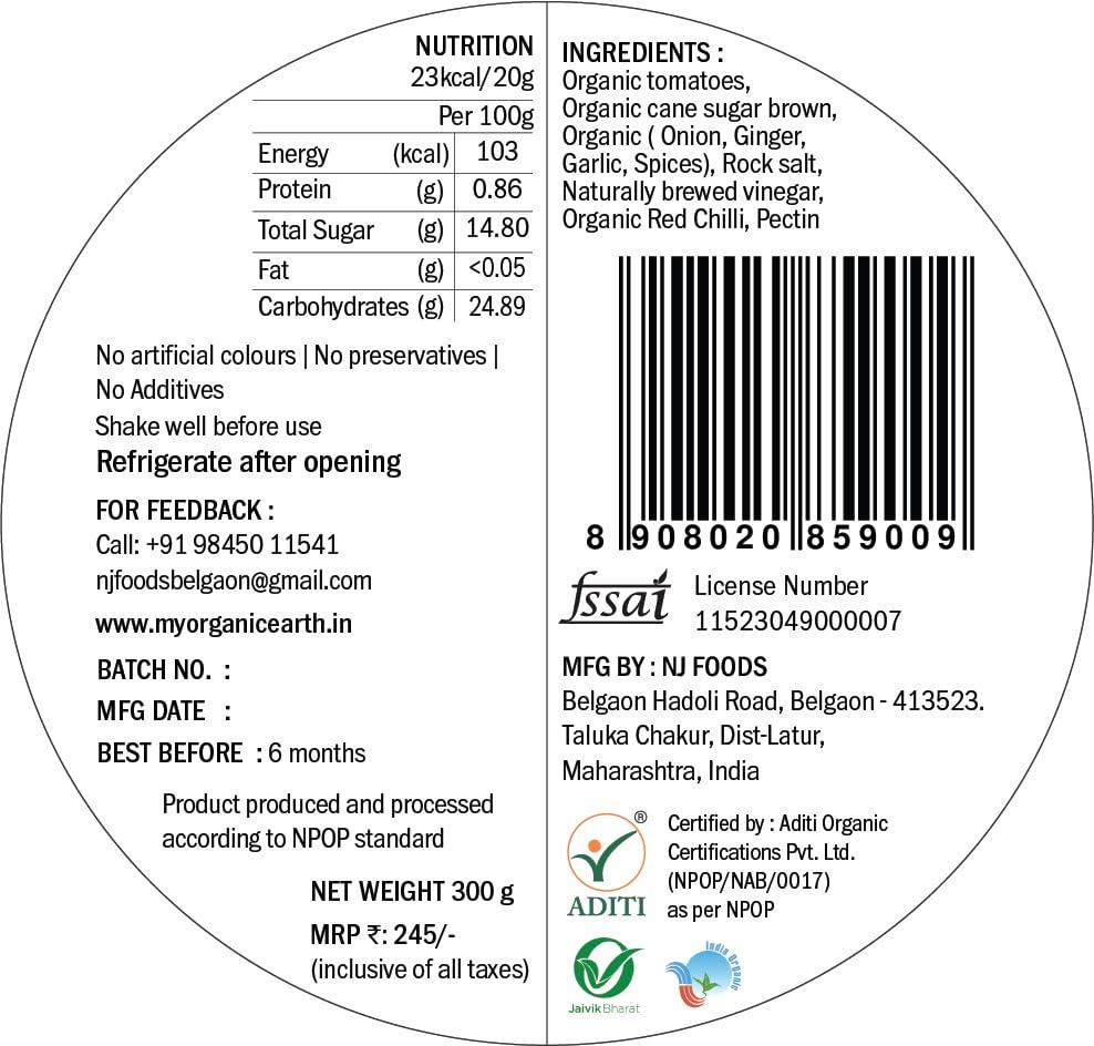 My Organic Earth My Organic Earth - Tomato Ketchup (Pack of 2)| Certified Organic Tomato Ketchup | Low on Sugar | 88% Fresh Organic Tomatoes | (300gm x 2)