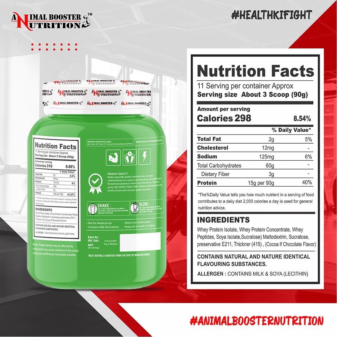 ANIMAL BOOSTER NUTRITION Animal Booster Nutrition Maha Mass Gainer, 25 Gram Of Protein in 90gm of Serving Helps in Gain Weight, Build Muscle & Fuel Energy (Mango Flavor) (11Servings/1KG)