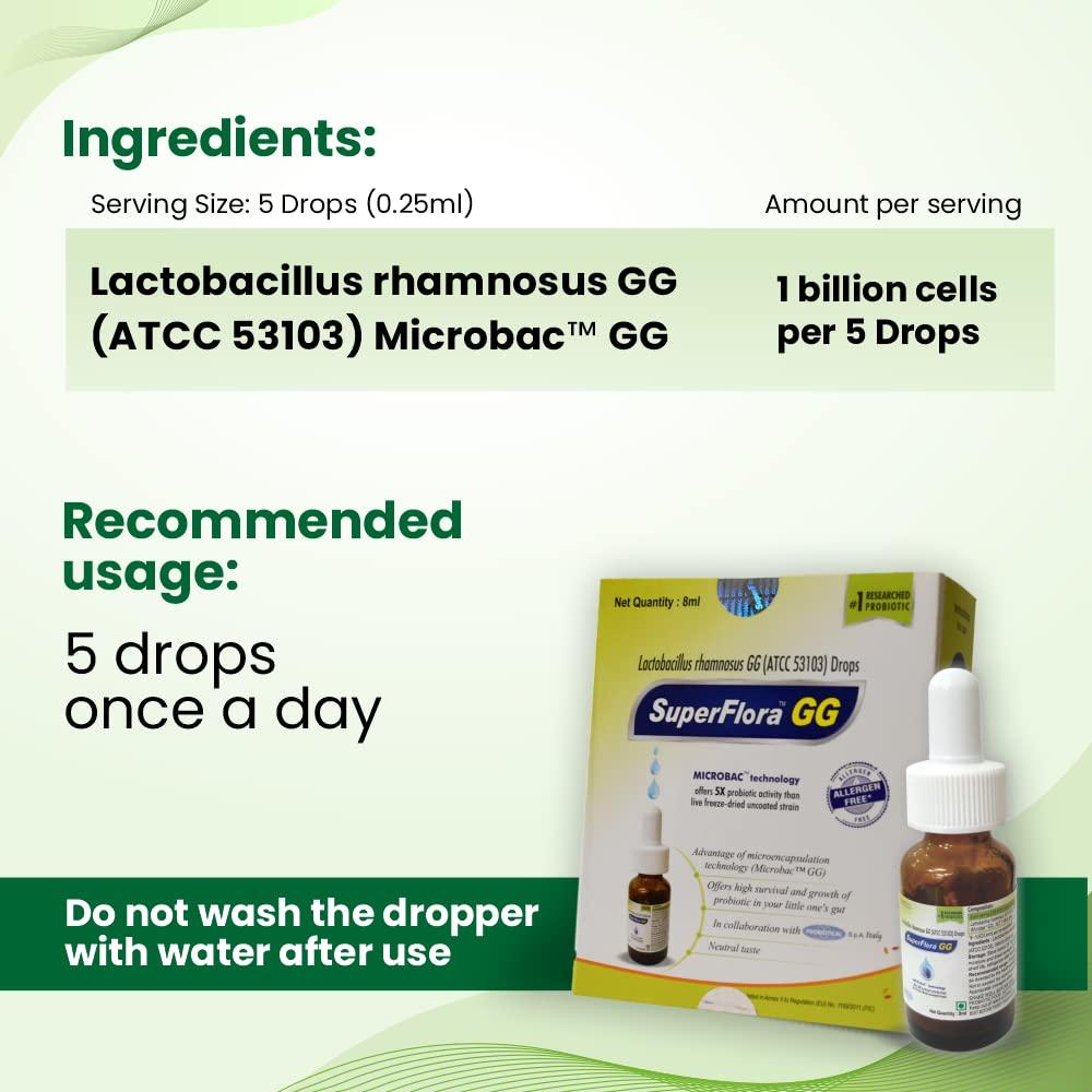 Sundyota Lifecare Sundyota Lifecare Superflora Gg Probiotic Supplement Drops|Specially Designed For Baby For Colic Pain,Digestion & Diarrhoea|5X Superior Efficacy|Flavor-Less Lactobacillus Probiotic|8Ml Pack