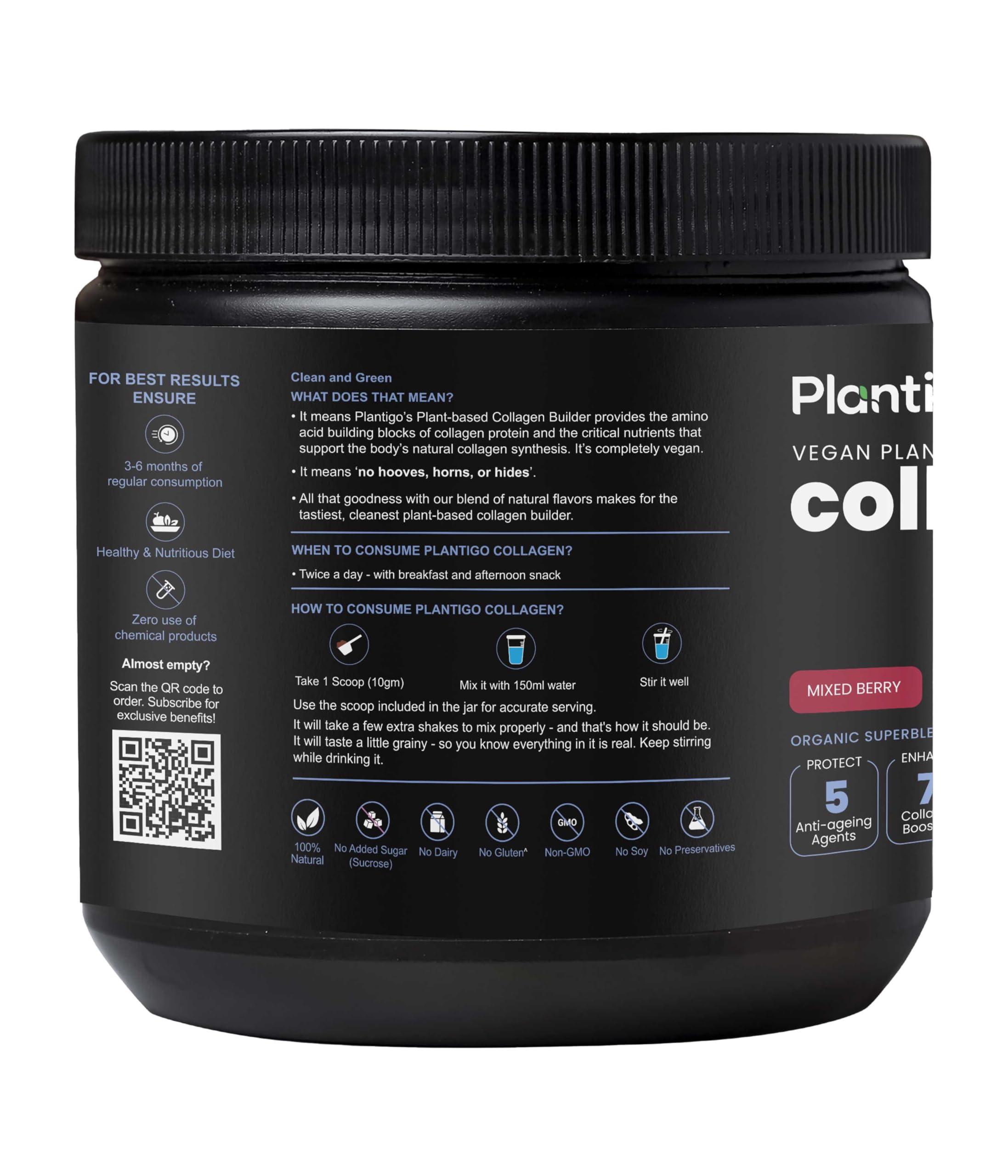 PLANTIGO Plantigo Plant Collagen Builder Powder For Skin Glow & Radiance With Biotin, Hyaluronic Acid, Vitamin A, C, E & Antioxidants - 30 Servings Collagen Booster (Mixed Berry Flavor - 300g + Shaker, 600ml)