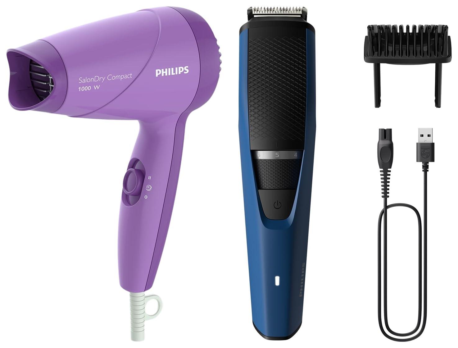 PHILIPS Philips Skin Friendly Beard Trimmer- BT3303/30 & Philips HP8100/46 Compact Hair Dryer| 2 Flexible heat setting| ThermoProtect prevents overhearting | 1000 Watts- Purple