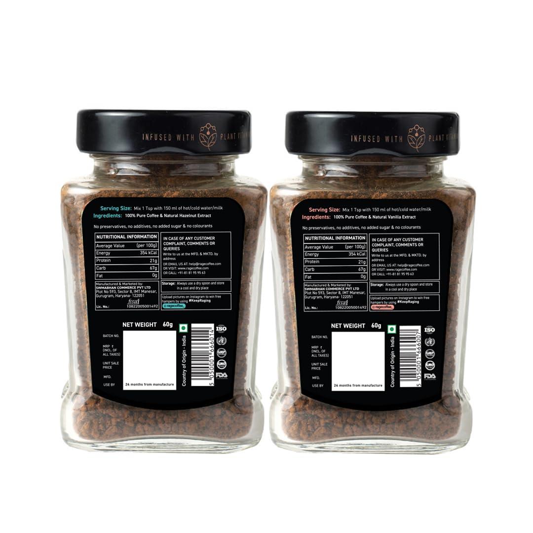 RAGE COFFEE Rage Coffee Silk Blend Instant Coffee | Creamy Hazelnut & Vanilla Velvet Silk Blend Flavoured Coffee 60 GMs Each | 100% Pure Instant Coffee | Premium, Bold & Smooth | Pack of 2