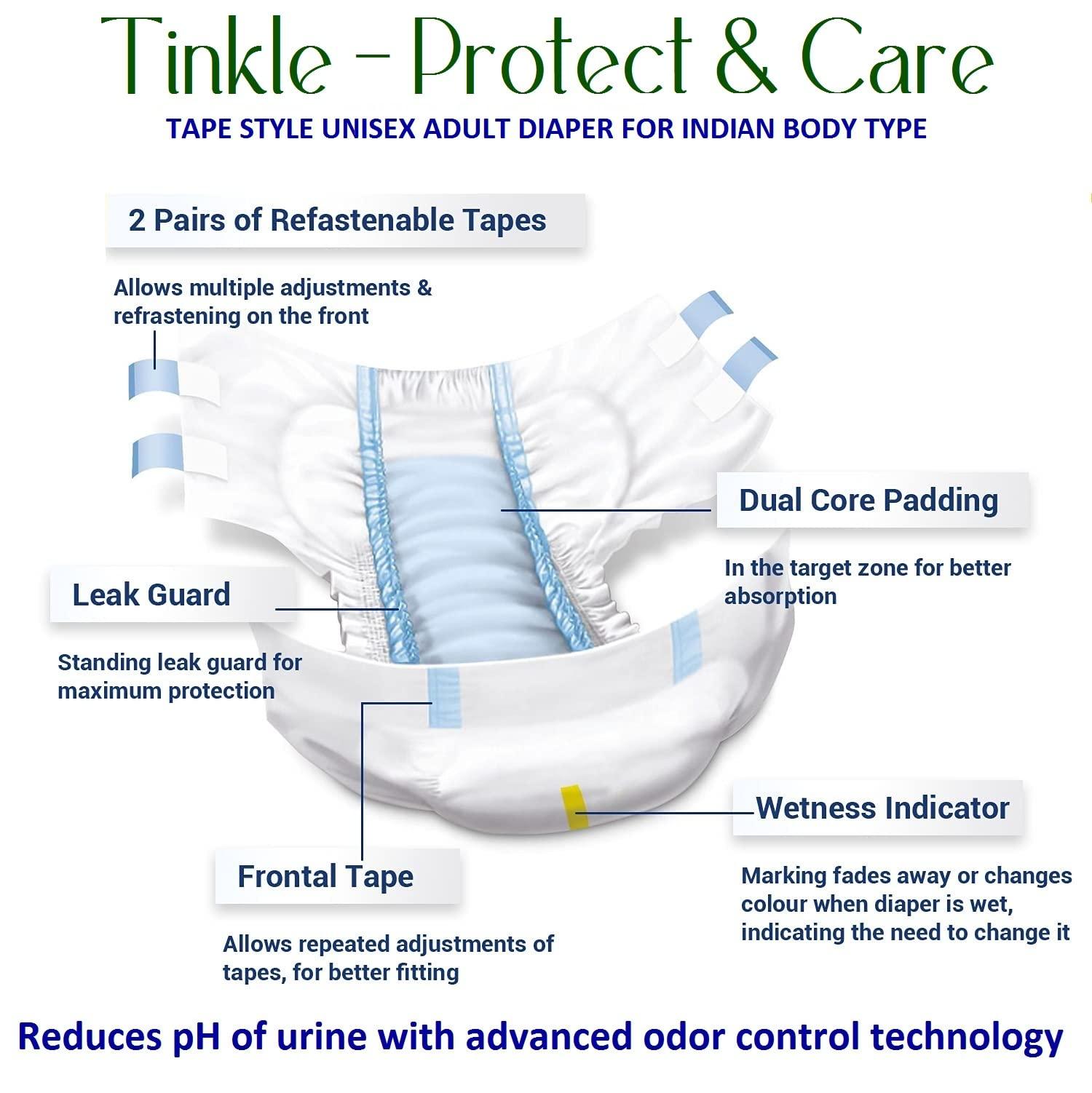 Tinkle Tinkle Adult Diaper Tape Style, Adult Diaper Large Size, Waist (101-140cm, 40\"-55\"), Odour Control, Unisex with Wetness Indicator, Leakproof, Super Absorbent, Overnight Protection, (10 Count)