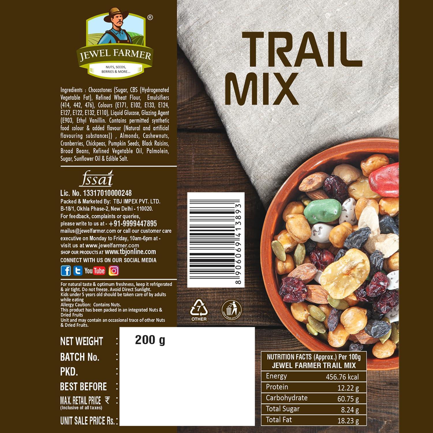 JEWEL FARMER JEWEL FARMER Trail Mix with Chocostones, Almonds, Cashewnuts, Cranberries, Chickpeas, Pumpkin Seeds, Black Raisins, Broad Beans, Sugar, Sunflower Oil & Edible Salt (200g)