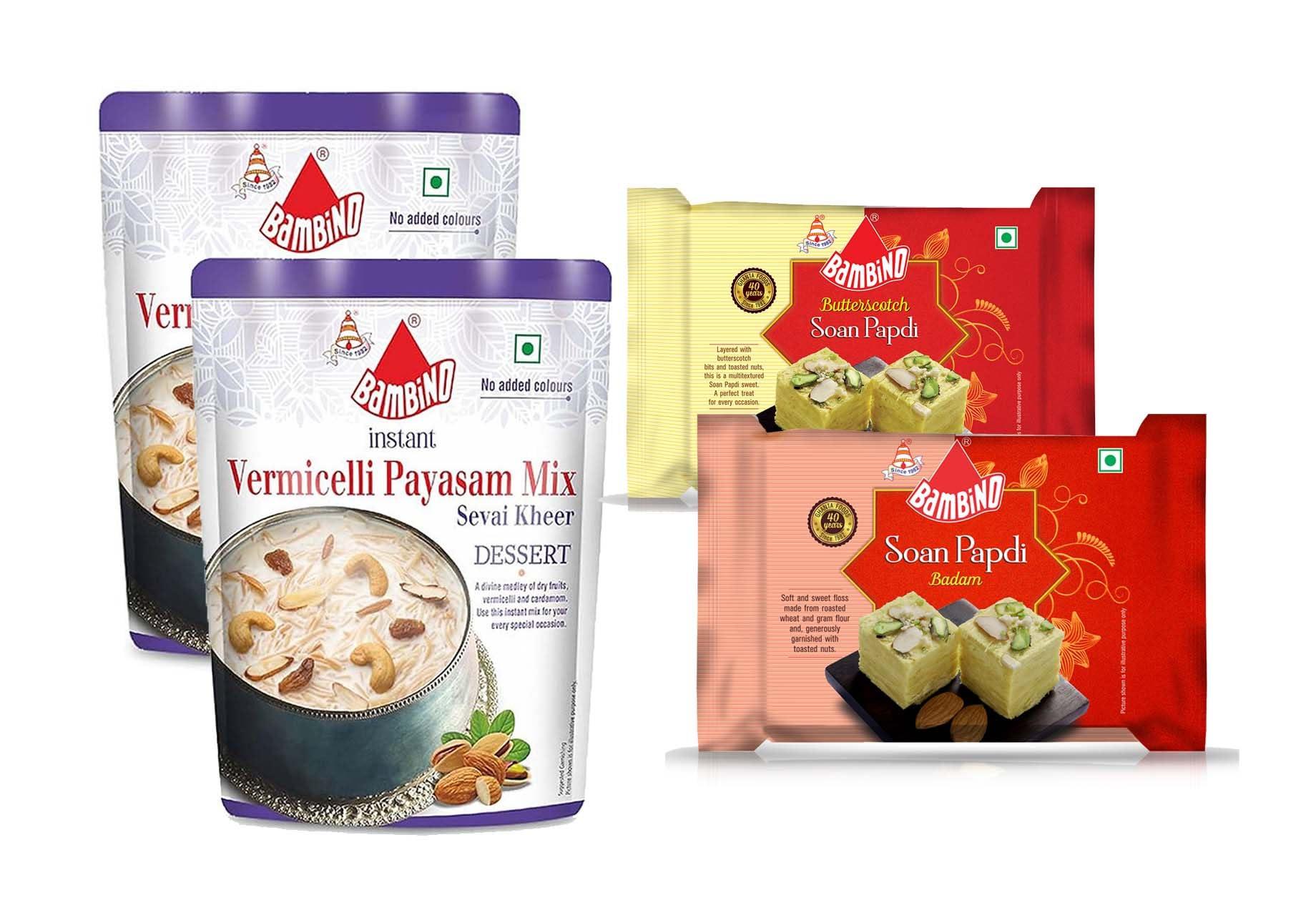 Bambino Bambino Soan Papdi Buttersctoch I Badam Each 200 Gms X Pack of 2 (400 Gms) & Bambino vermicelli Payasam Kheer Mix Each 180 Gms X Pack of 2 (360 Gms)