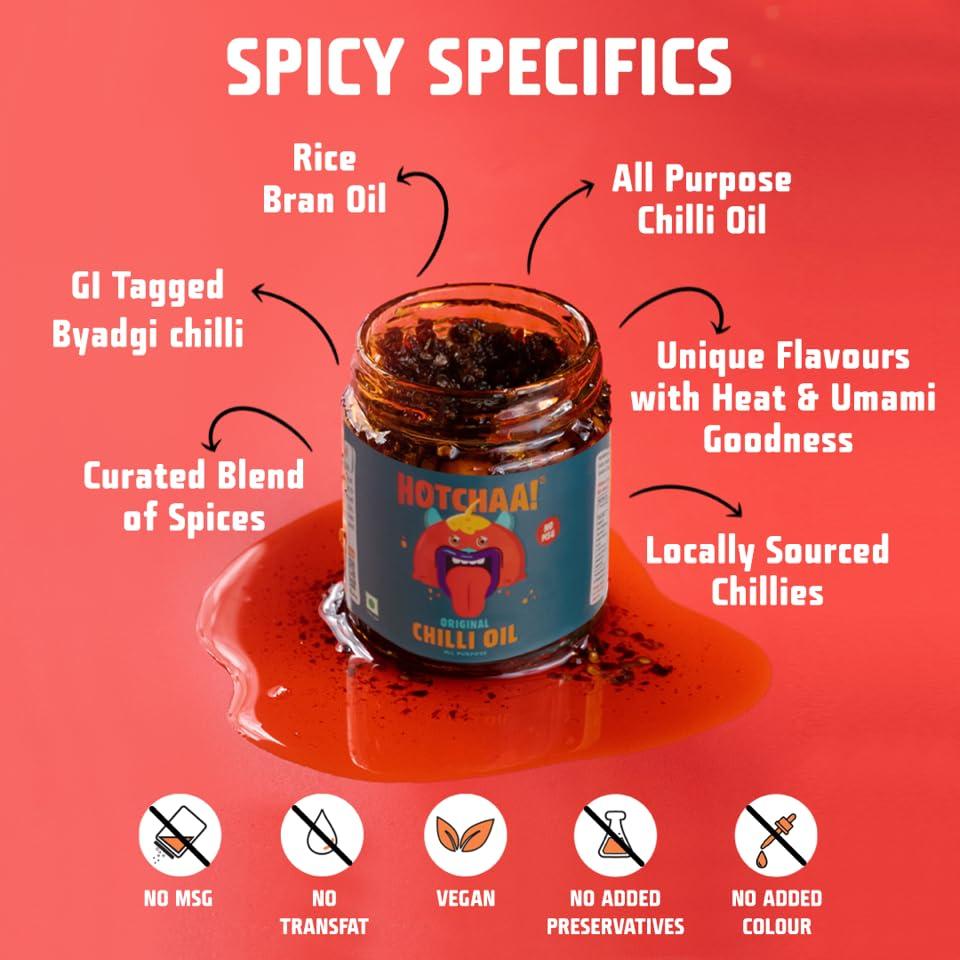 HOTCHAA HOTCHAA Hot Chilli Oil Original - No MSG | Umami Spicy Flavourful Garlicky Aromatic | Vegan | Cooking | Dipping | All Purpose | For Pasta Pizza Noodles Eggs And Momos 170g Hot Chilli Oil