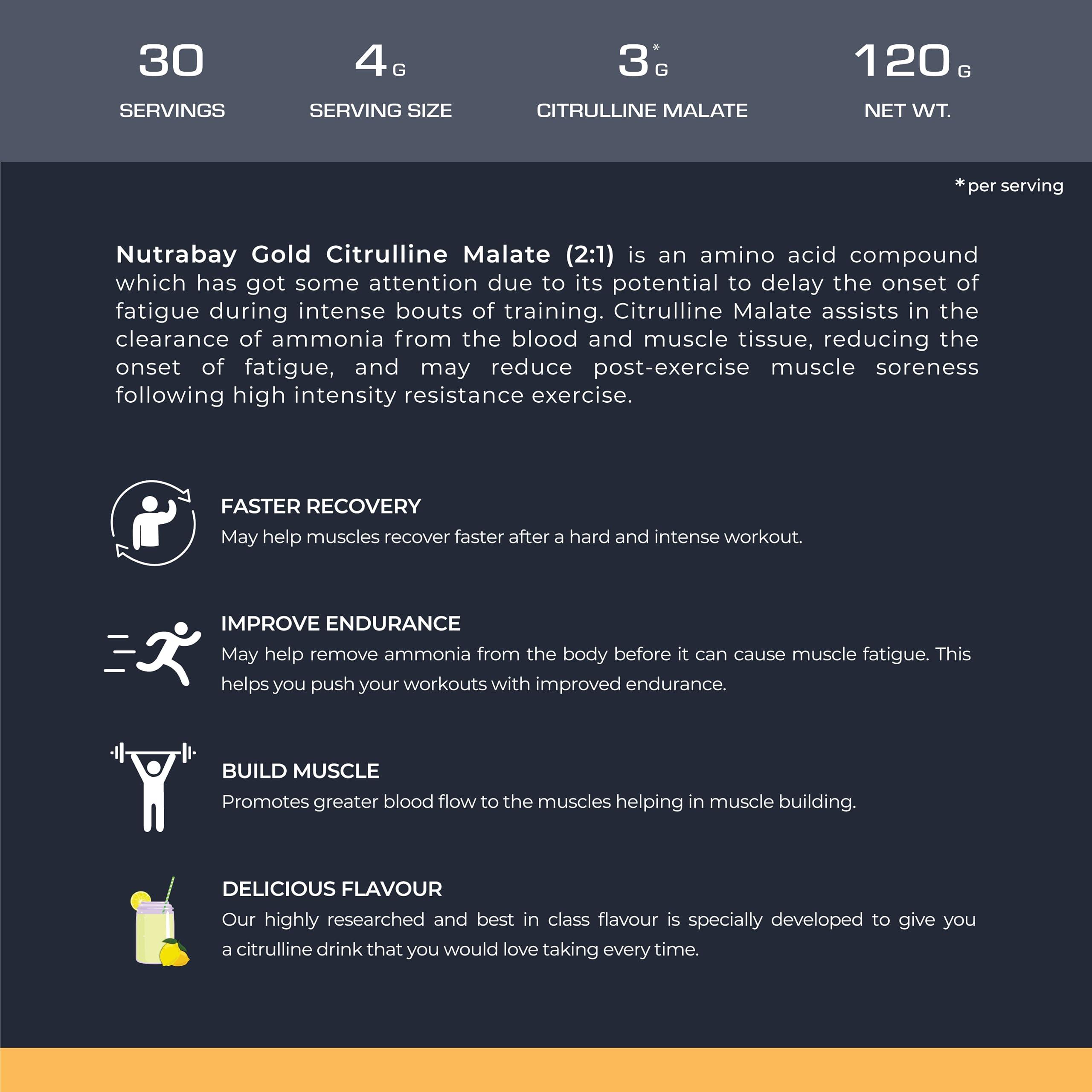 Nutrabay Nutrabay Gold Citrulline Malate 2:1 Supplement Powder - 120g, Lemon Flavor | Boosts Nitric Oxide, Pre Workout Amino Acid for Muscle Strength & Endurance