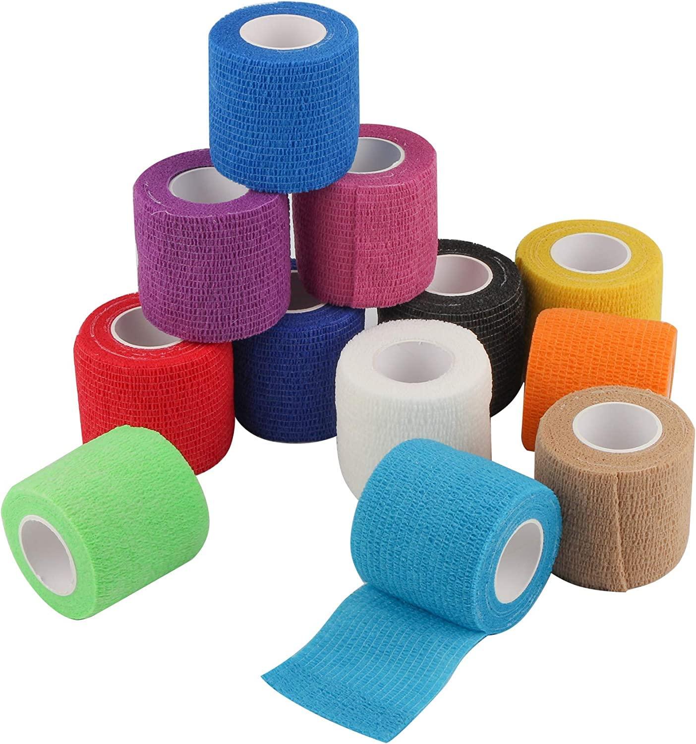 Mooerca Self Adherent Cohesive Wrap Bandages 2 Inches X 5 Yards, 12 Count, First Aid Tape, Elastic Self Adhesive Tape, Athletic, Sports wrap Tape, Bandage Wrap for Sports, Wrist, Ankle (Rainbow Color)
