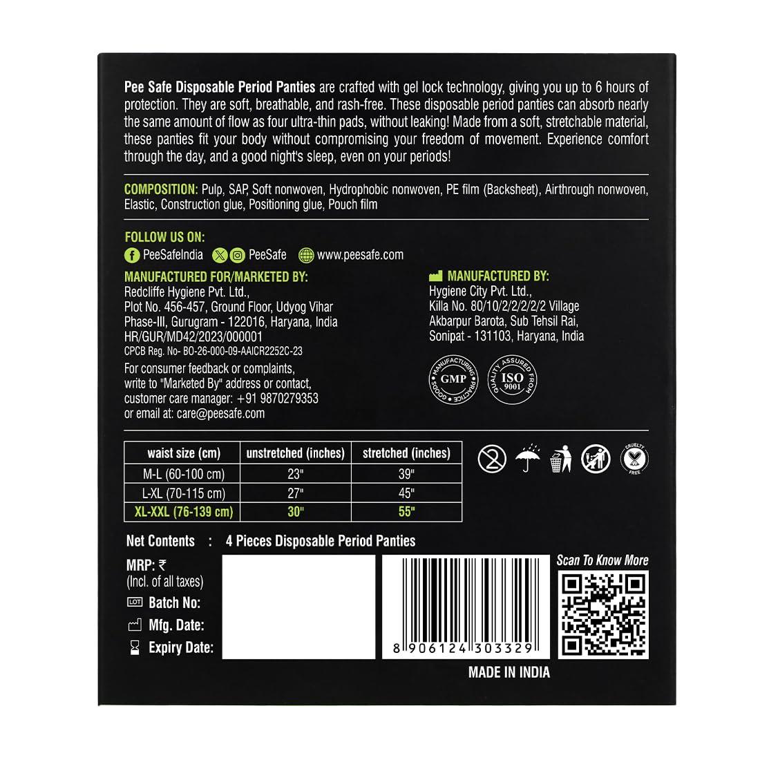 PEESAFE Pee Safe Disposable Period Panties for Women Leak Proof | XL-XXL | Pack of 4 | 360 Protection | Overnight Comfort | Rash & Toxin Free | No Leakage | Seamless Fit | Period Panty for Heavy Flow White