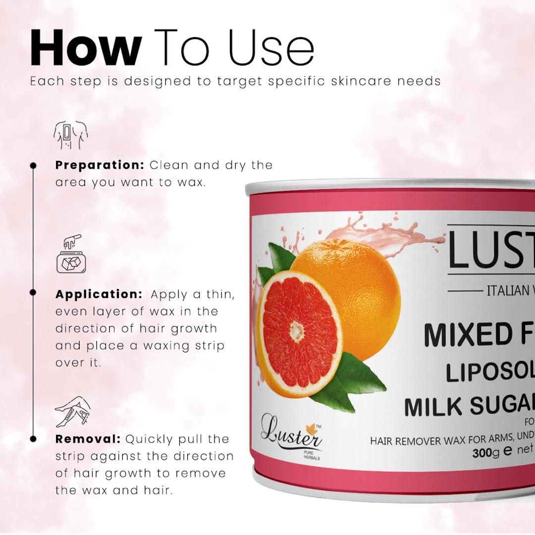 Luster Luster Mixed Fruit Hair Removal Hot Wax | Gives Smooth & Soft Skin | Body & Face Hair Removal Wax | Multiple Fruit Extracts | For Women & Men | All Skin Types | Paraben & Sulphate Free 300ml