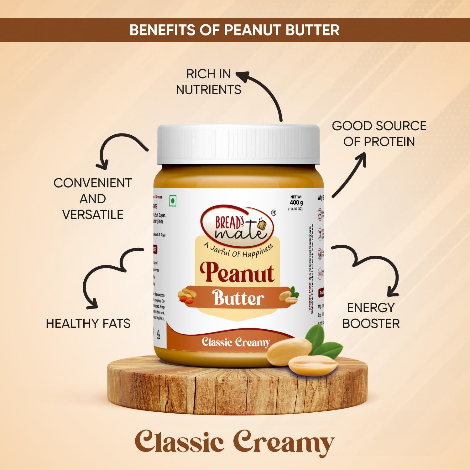 BREAD\'SMATE BREAD\'SMATE Peanut Butter 400Gm Jar | High Protein | Naturally Gluten Free | Vegan | Trans Fat Free (Classic Creamy)