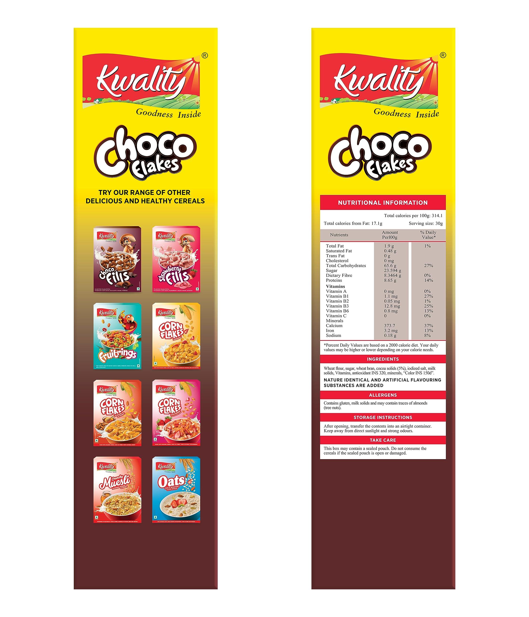 KWALITY Kwality Choco Flakes 375g (Pack 2) | Made with Whole Wheat, 0% Maida | Source of Protein & Fiber | Richness of Chocolate | Healthy Food & Breakfast Cereal for Kids