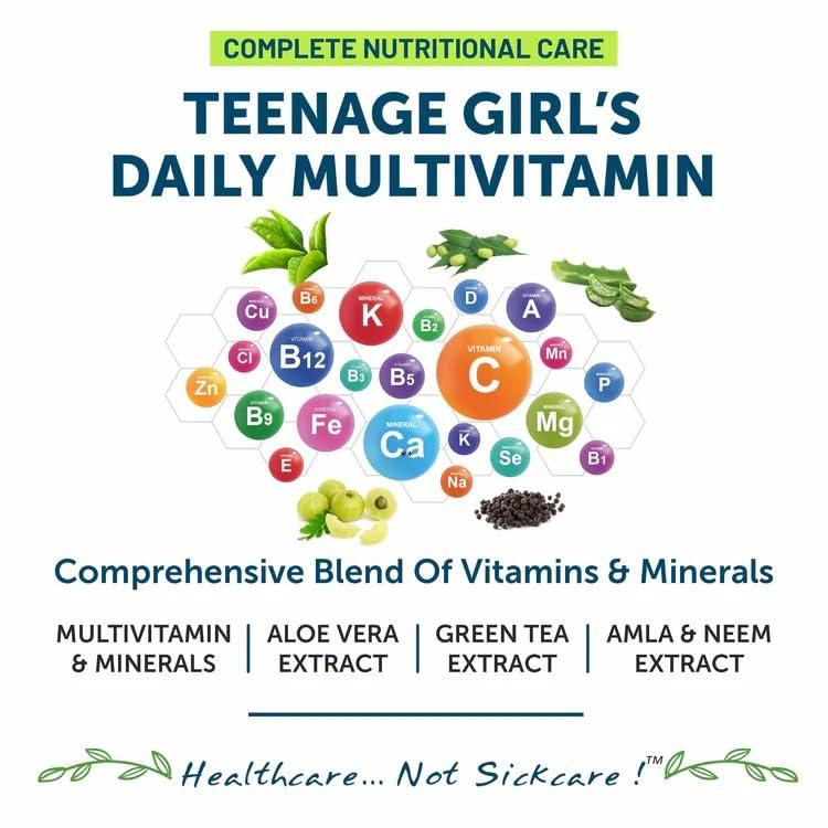 Bliss Welness Bliss Welness Teenage Girl Multivitamin With Vitamin and Minerals, Calcium Magnesium Zinc, Aloe Vera Extract, Bamboo and Grapeseed Extract For Immunity, Hair Skin Nails, Bone & Joint Health, - 60 Tablets