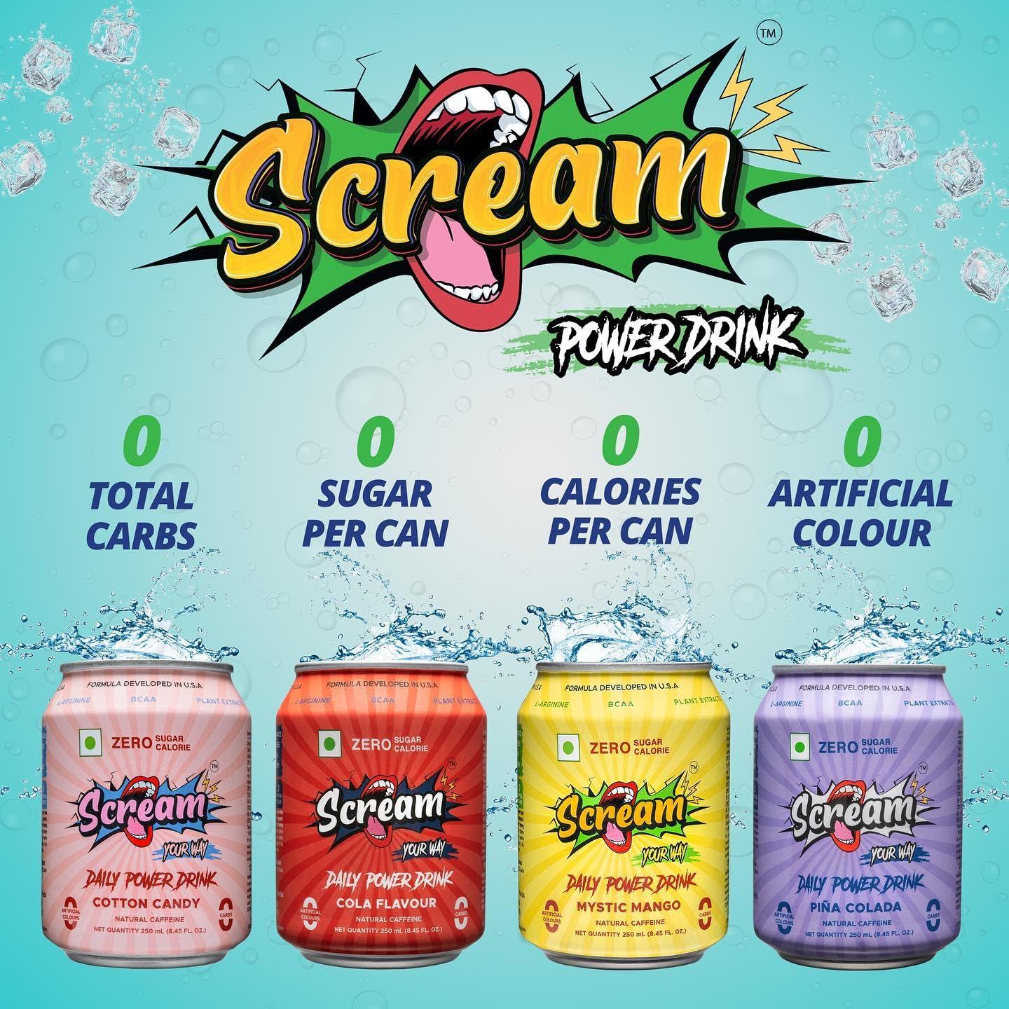 SCREAM YOUR WAY Scream Power Energy Drink: Assorted Flavour, 0 Sugar, 0 Calorie, 0 Carb, 0 Artificial Color Energy Drink with BCAA, Natural Caffeine, Sustained Energy - Pack of 4, 250ml Cans