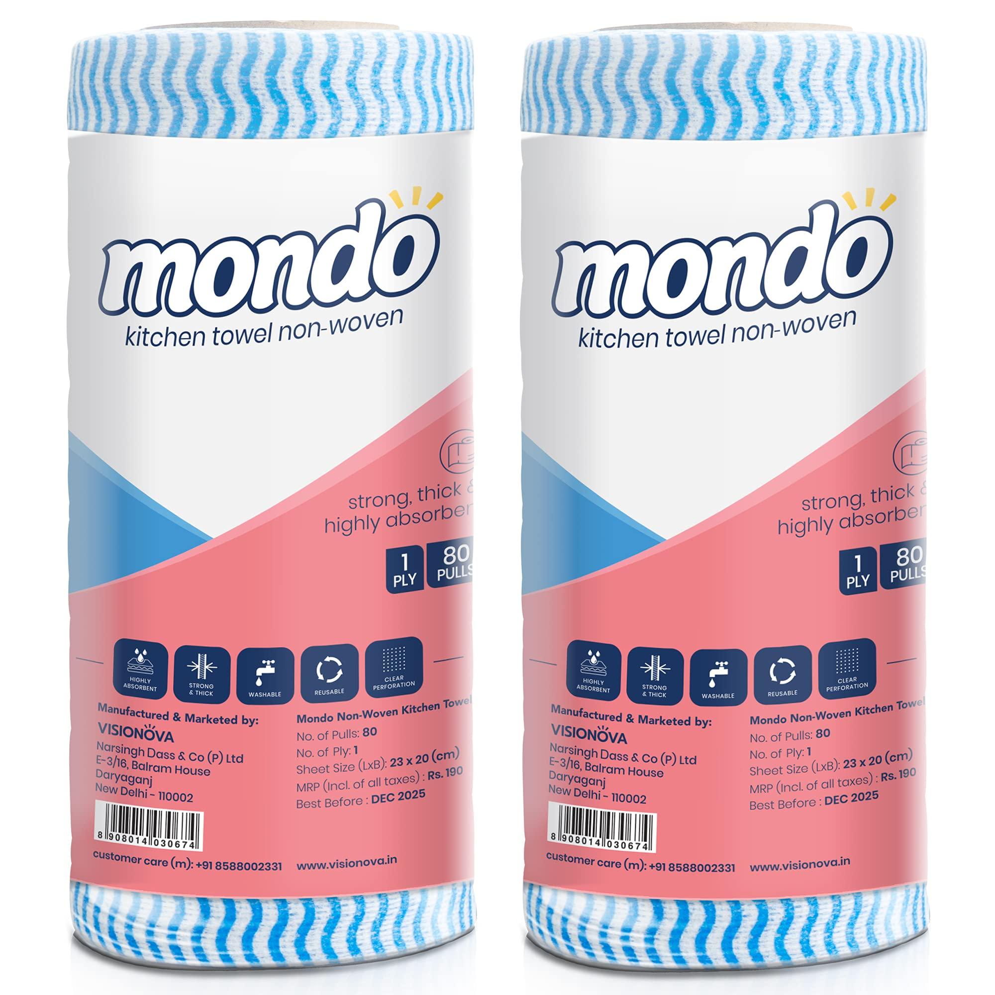 MONDO Mondo Kitchen Wipes for Cleaning (1 Ply, 80 Pulls) | Pack of 2 Kitchen Rolls | Washable & Reusable Tissue Roll for Kitchen | Soaks Oil Spills Quickly | Kitchen Cleaning Wipes | Kitchen Roll Reusable