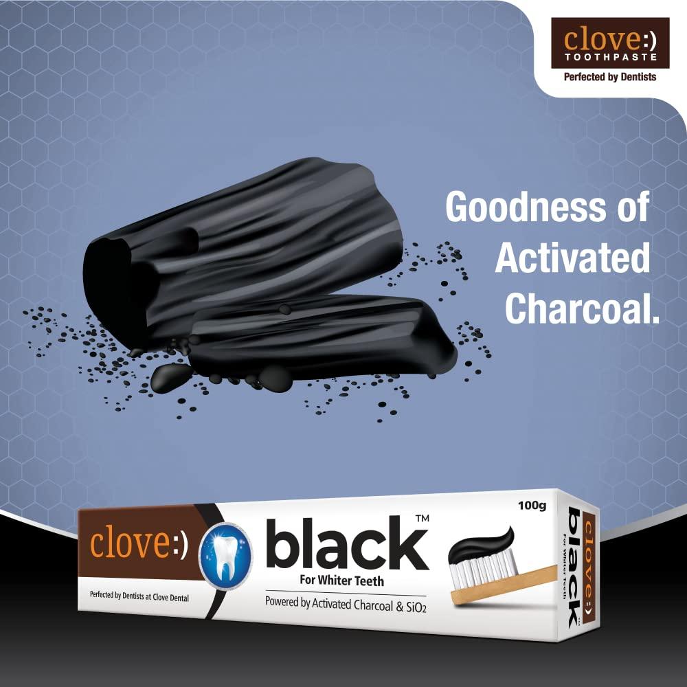 Clove Clove Black Toothpaste for Whiter Teeth powered by Activated Charcoal & SiO2. Formulated by dental experts- 200gms (100gm*2) Combo Pack