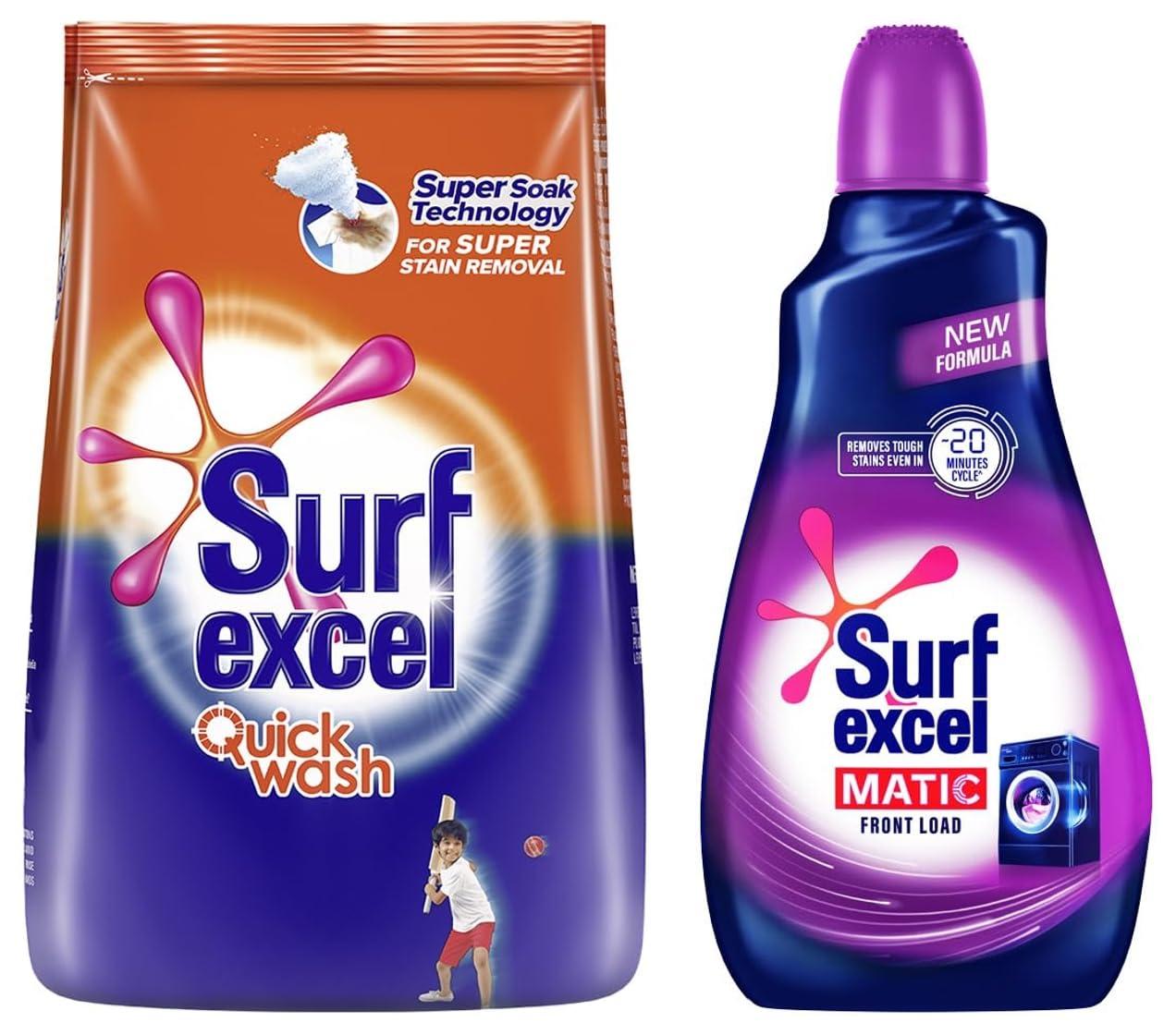 Surf Excel Surf Excel Matic Liquid Front Load Detergent 1 Liter Bottle & Quick Wash Detergent Powder 1 Kg, Washing Powder With Lemon & Bleach To Remove Tough Stains On Clothes - Bucket & Machine Wash