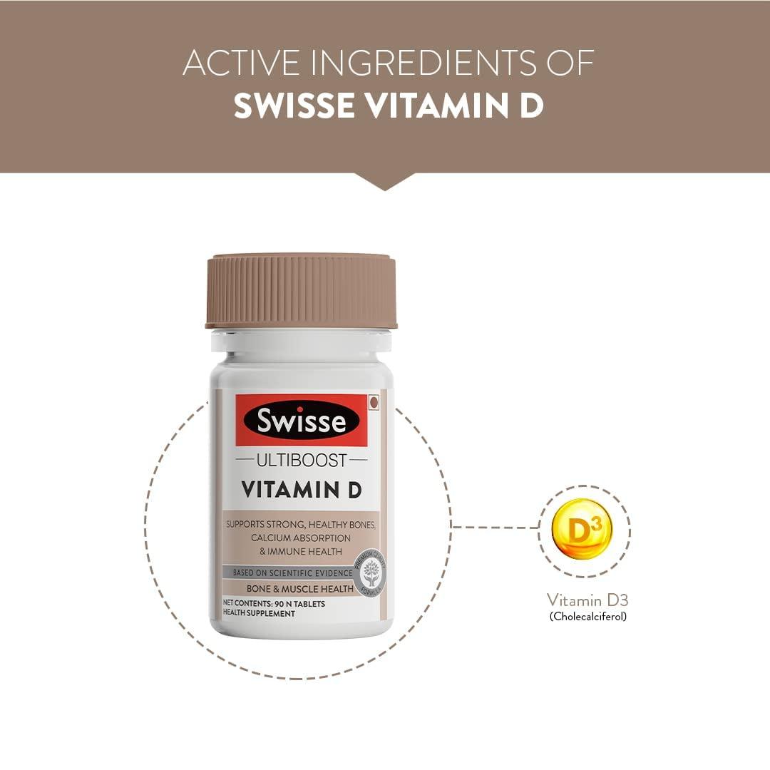 Swisse Swisse Vitamin D - 100% RDA of Vitamin D3 (Manufactured In Australia, Internationally Proven Formula) High Absorption Vitamin D3 For Healthy Bones, Immunity & Strong Muscles (90 Tablets)