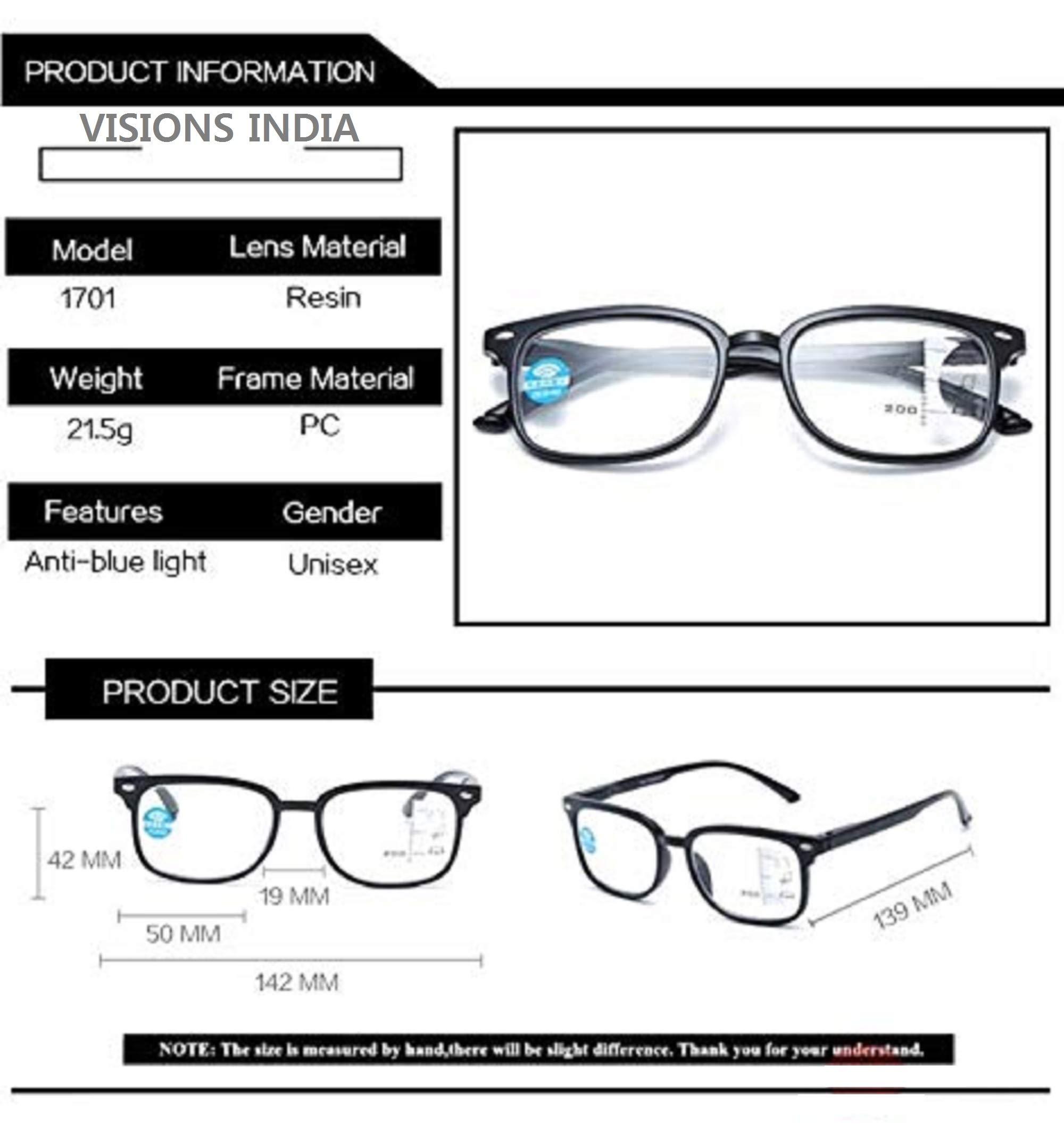 VisionsIndia VisionsIndia Anti Glare Blue Cut Invisible Bifocal Reading Glasses For Men Women Black 3 Powers in 1 (+3.00)