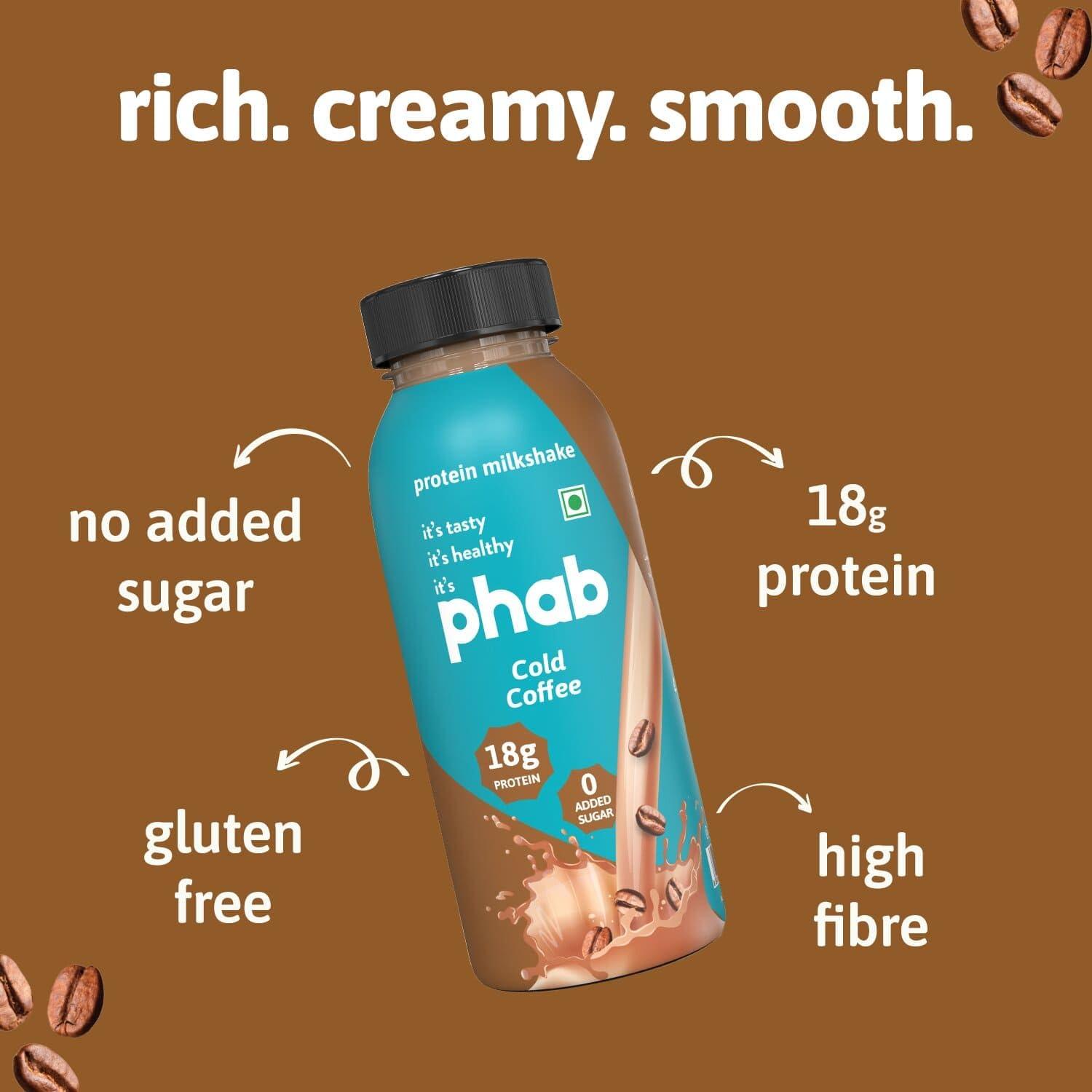 Phab Phab Cold Coffee Protein Milkshakes with 18g Protein & No Added Sugar | Gluten-Free & Gut-Friendly, Trans Fat Free | Rich Source of Fibre & Pre-biotics | Healthy & Delicious Protein Shake (200ml, Pack of 6)