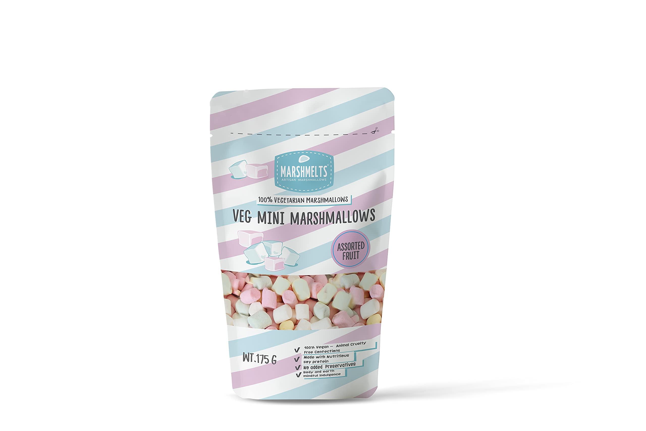 MARSHMELTS GOURMET MARSHMALLOWS Marshmelts Vegan Marshmallows Candy - 175 gm| 100% Vegan | Mini Marshmallow | Candy for Kids | Assorted Fruit Flavor | No Added & Preservatives | Trans Fat & Gluten-Free | Genuine 100% Vegetarian