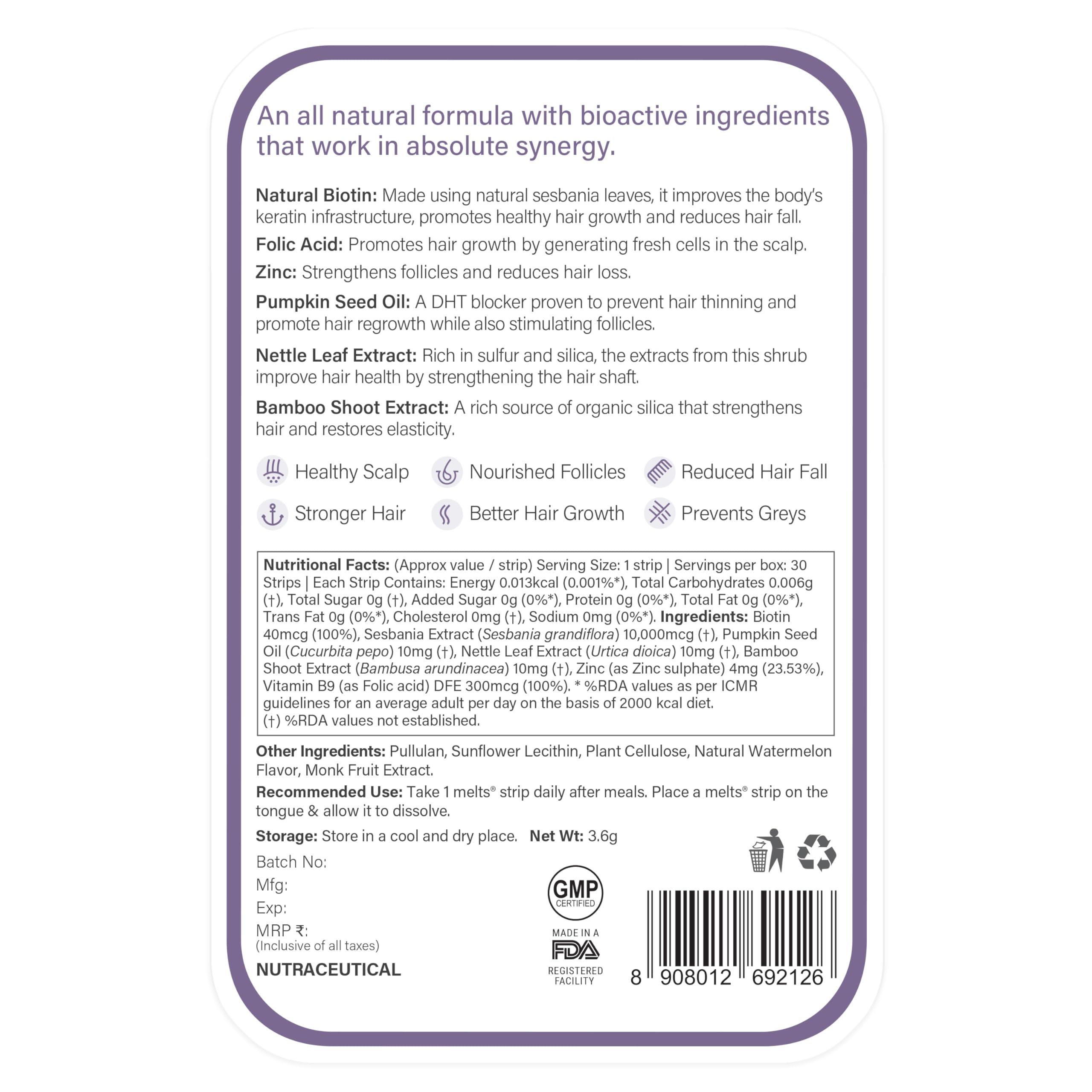 WELLBEING NUTRITION Wellbeing Nutrition Melts Healthy Hair | Plant Based Biotin, Zinc, Bamboo Extract, Folic acid for Hair Nourishment, Strength and Thickness (60 Oral Strips)