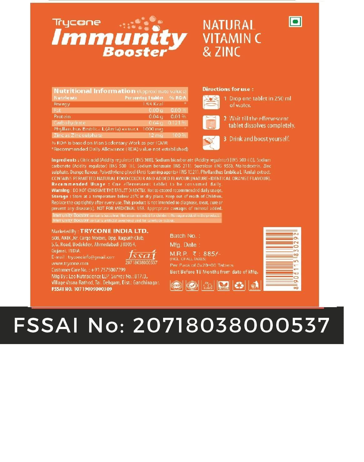 TRYCONE Trycone Immunity Booster for Adults with Natural Vitamin C from Amla Extract & Zinc Antioxidant Immunity Booster Skin care - 60 Effervescent Tablets Orange Flavour