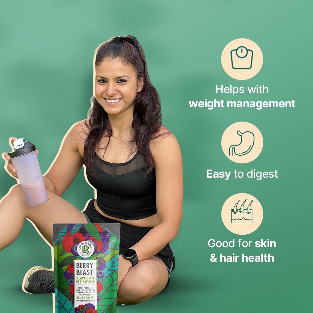 Green Protein GREEN PROTEIN Pea Protein Isolate Powder, Vegan Plant Protein, No Added Sugar, 100% Vegan, Soy Free, Dairy Free, Gluten Free, Allergen Free, Berry Blast Flavor, 15g Protein Per Serving, Pouch (500g)